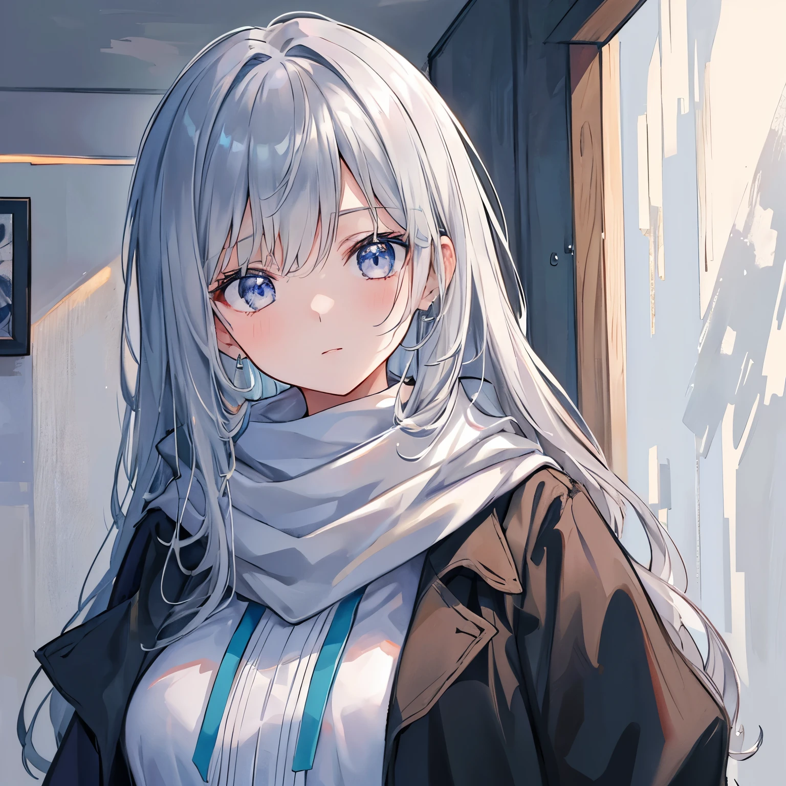A girl with gray hair and silver eyes is depicted in the painting. Her hair is messy and falls over her shoulders. She's wearing an off-the-shoulder sweatshirt. The medium used for art is ideal for creating ultra-detailed and realistic portraits. The image is of the best quality, with 4k resolution or higher, tornando-o uma obra-prima. A pintura tem uma paleta de cores suaves, with warm lighting that contributes to the aged appearance. The overall color scheme is dominated by shades of gray. The girl's eyes are vibrant and captivating. Ela tem sardas no rosto e longos fios de cabelo soltos. She wears a scarf around her neck, adding to your wise expression. The atmosphere of the painting is mysterious,Ela usa um colar com uma pedra retangular verde, with an aura of storytelling,wet hair dripping with water drops, admirando a chuva pela janela . The artwork is rich in detail, parecendo uma pintura detalhada.