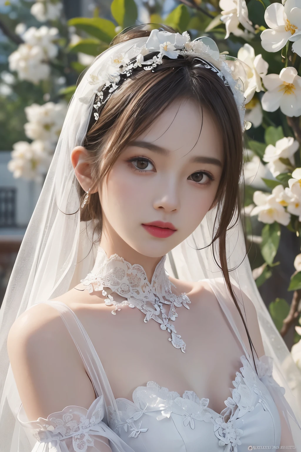 best quality、tmasterpiece、ultra high resolution、actual、1 girl、Glossy skin、((Surreal detailed))、Global photo、8K、Highly complex details、shinning eyes、Elegant pose、White ultra-thin transparent lace、Lots of flowers in the background