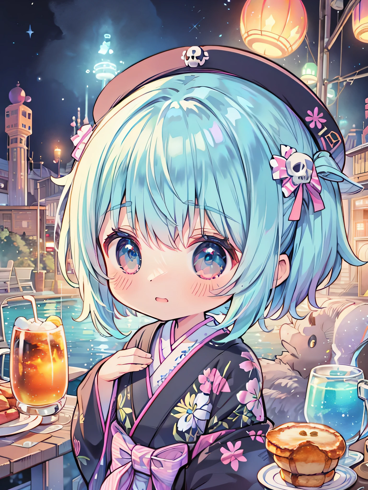 (table top),(highest quality),(floating),(High resolution),(dynamic angle),(beautiful japanese woman),(cute, cute, small, Chibi:1.3),posture like a goddess,female pirate style、gray hair、bob cut、skull fashion、alone、skull pattern hat