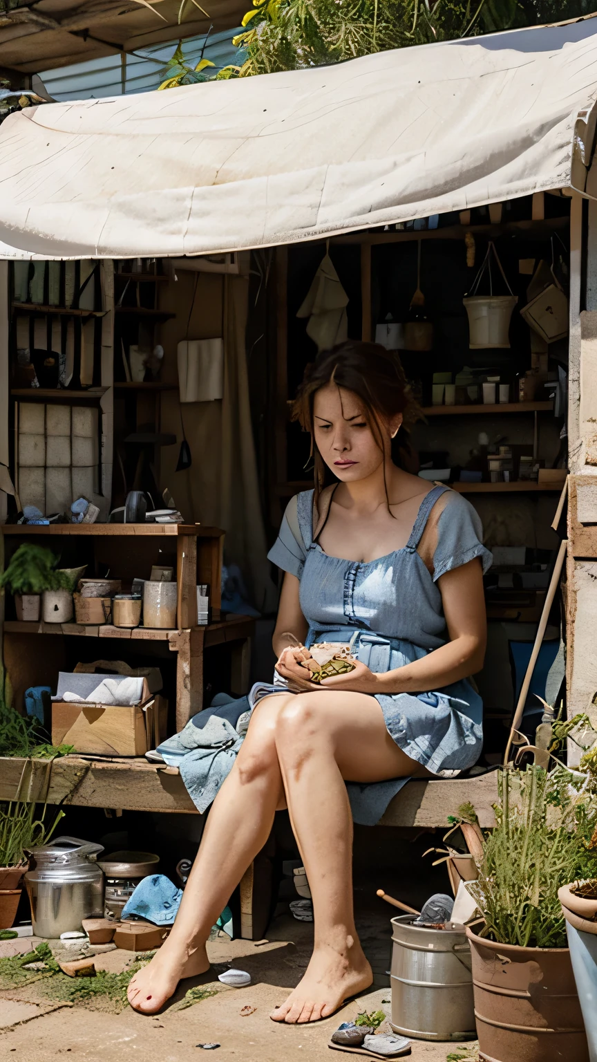 Create an emotional illustration of the mother with one eye, sitting alone in her small shop at the flea market, surrounded by the little weeds and items she collects to sell. Show the hardship and sacrifice in her eyes as she works tirelessly to provide for her .