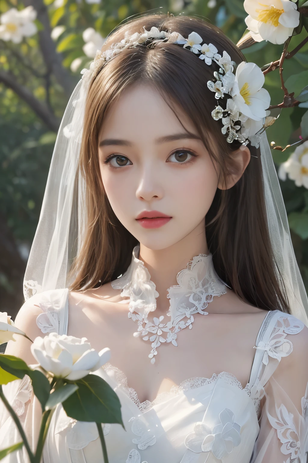best quality、tmasterpiece、ultra high resolution、actual、1 girl、Glossy skin、((Surreal detailed))、Global photo、8K、Highly complex details、shinning eyes、Elegant pose、White ultra-thin transparent lace、Lots of flowers in the background
