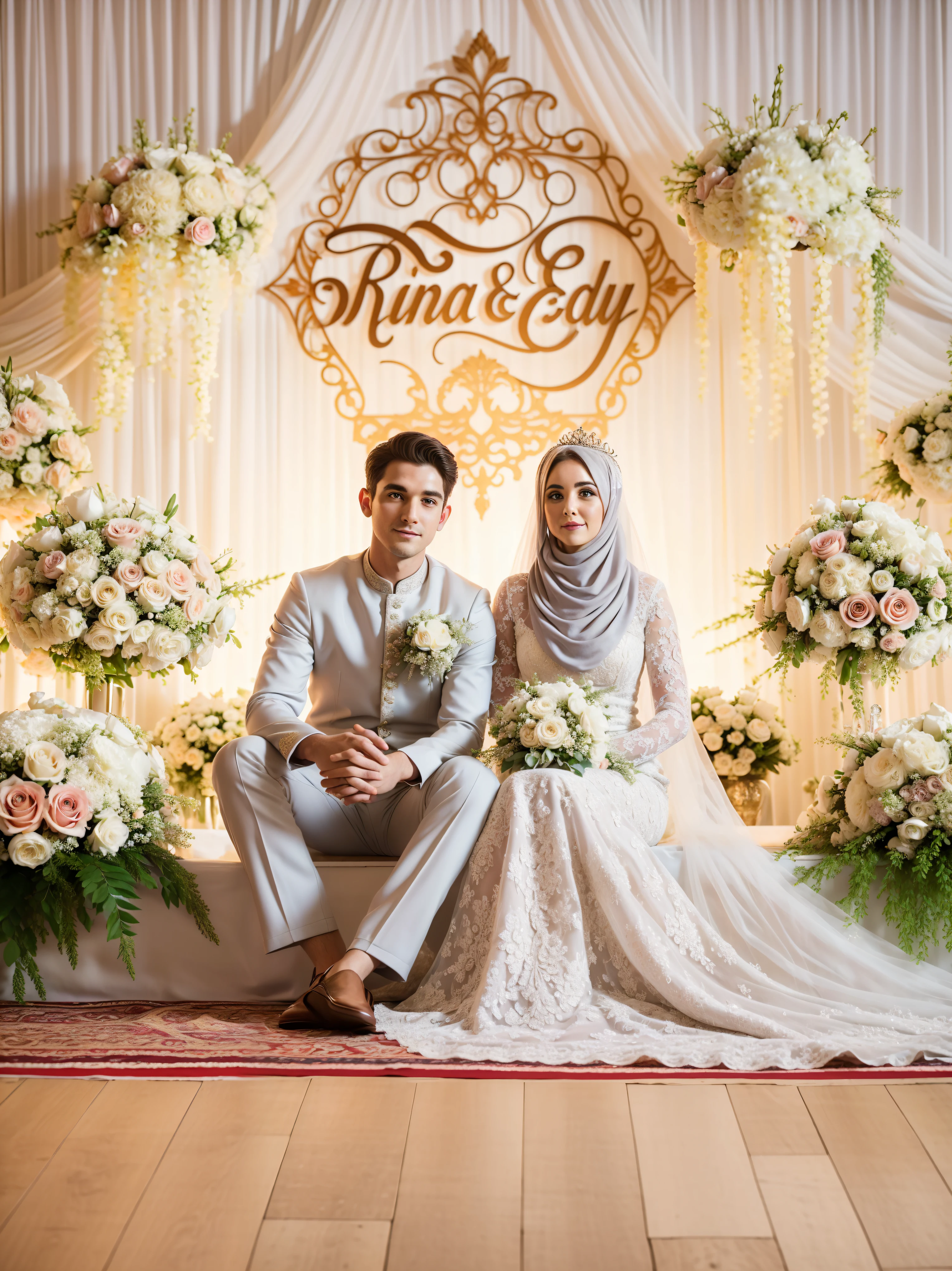 bride and groom sitting on a bench in front of a floral arch, lovely couple, wedding, backdrop, february), instagram picture, 🕹️ 😎 🔫 🤖 🚬, wedding photo, 👁🌹👾, ornate and intricate backdrop, instagram photo, couple, traditional art, ornate backdrop, in front of white back drop, restored, happy couple, ✨🕌🌙