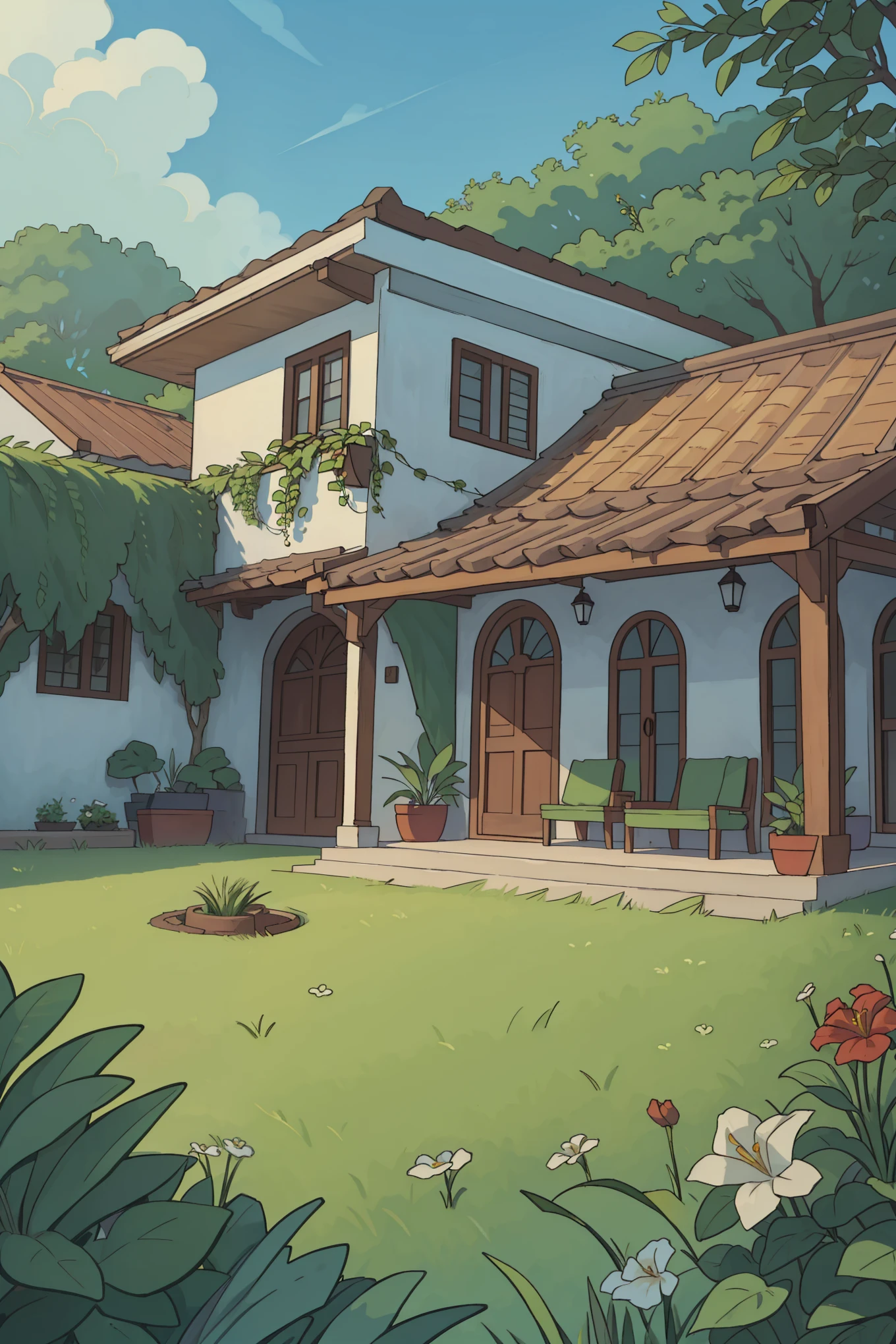 There is a garden at the back of a house with grass, flor, vegetation, estilo republica dominicana