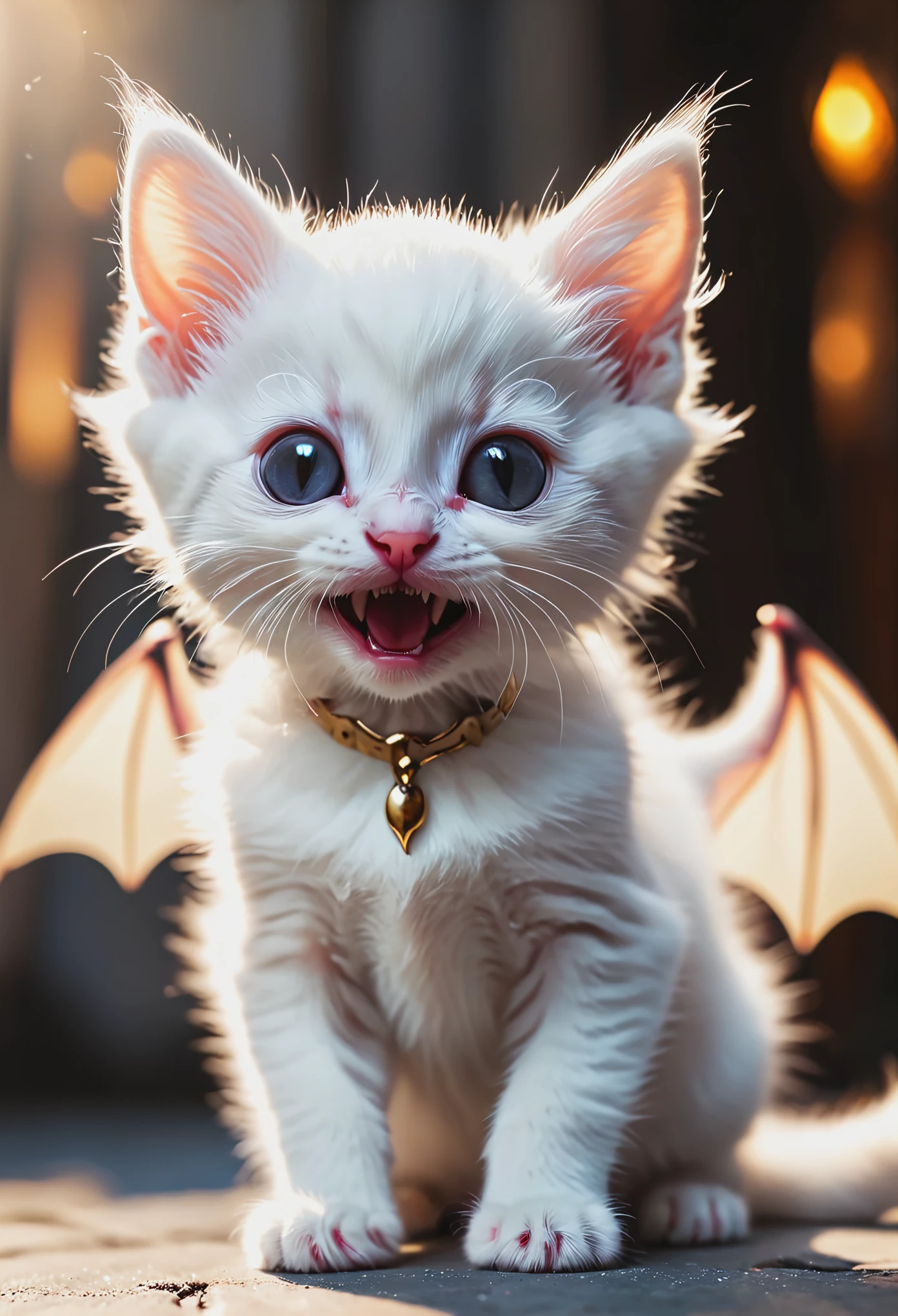 small cute white kitten with teeth like a vampire and wings like a bat. FL 35mm. Aperture f/5.6, shutter speed 1/60. ISO 100. luxurious atmosphere.