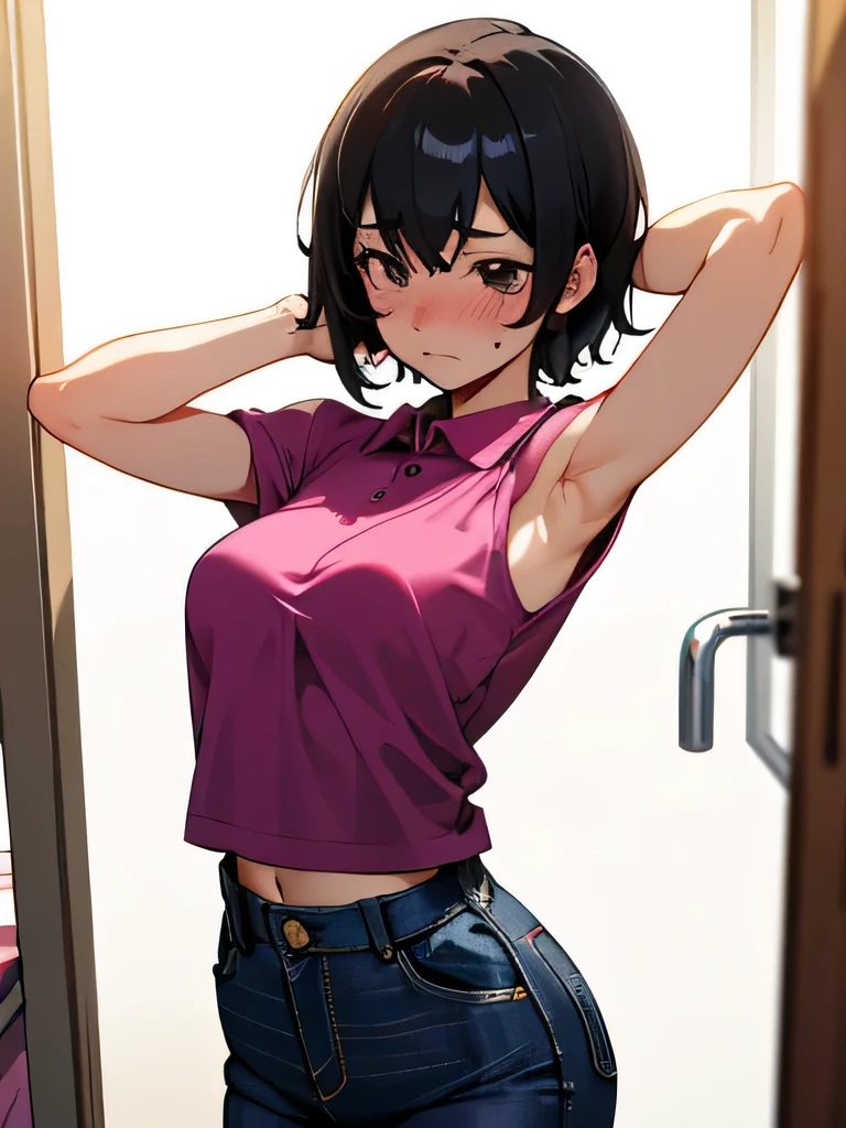 No bra, lower body, Japanese, very short hair, pubic hair, beautiful breasts, embarrassment, shyness, worries, beautiful breasts, black hair, changing room, changing clothes, standing, nipples, arms, armpits, hands on face, magenta polo shirt