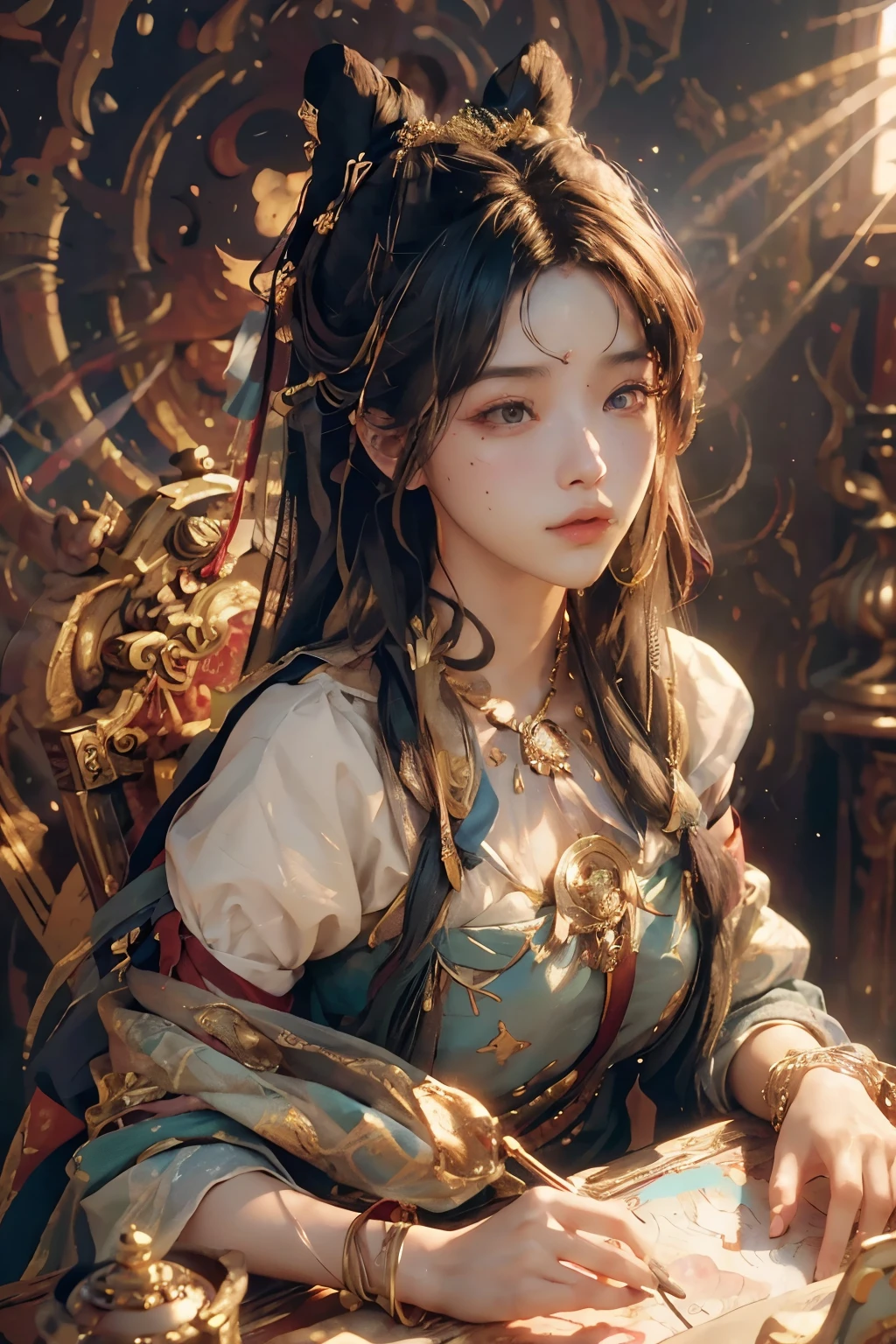 (original photo, best quality), (actual, photo-actual:1.3),best quality,Very detailed,masterpiece,Super detailed,illustration,1 girl,superior_Body,Dynamic angle,world masterpiece theater,messy_long_hair,best quality,Extremely detailed CG unified 8k wallpaper,ink,Astonishing,movie lighting,lens_flare, Dunhuang_style