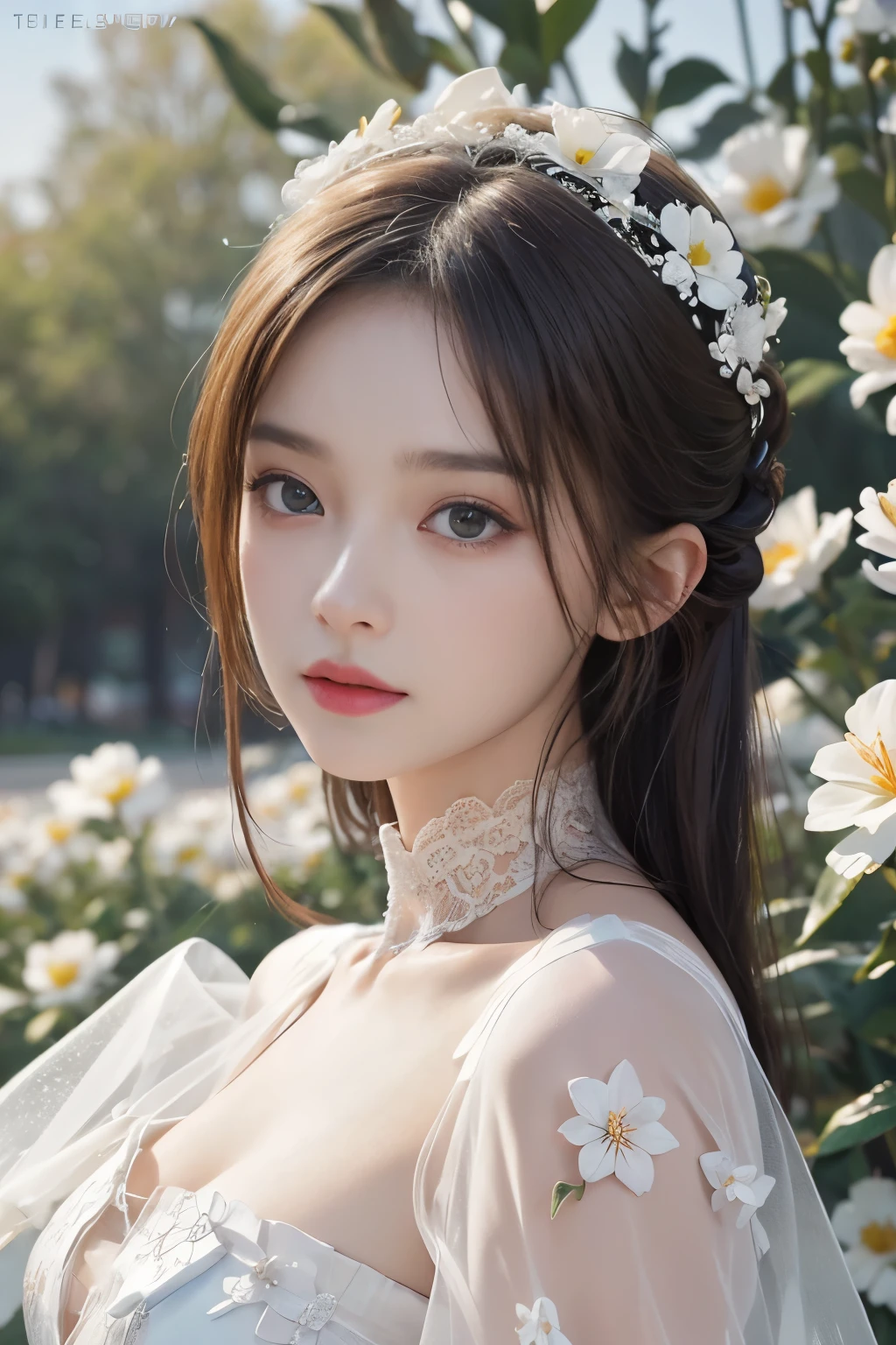 (A logo、​masterpiece、8K、masutepiece、Raw photo、Fantastic、Best Quality、Photorealistic、extremely detailed CG unified 8k wallpaper、hightquality、ighly detailed、epic poem、Particle effect、Dynamic effects、depth of fields、Cinematic Light、Lens Flare、Ray tracing)、Fantasia、 (Beauty 1 person、White Japanese Clothing、Japanese dress、White cherry blossom pattern、White cherry blossom embroidery pattern、A dark-haired、Beautiful face、Real Face、Beautiful detail eyes、Beautiful skin)、Hair flutters in the wind、Hair jumps、Pink cherry blossom tree、Petals flutter、Sakura blizzard、Superb view、morning glow、Sun in the background、the wind、Deities、tusk、myth、Vast Land、