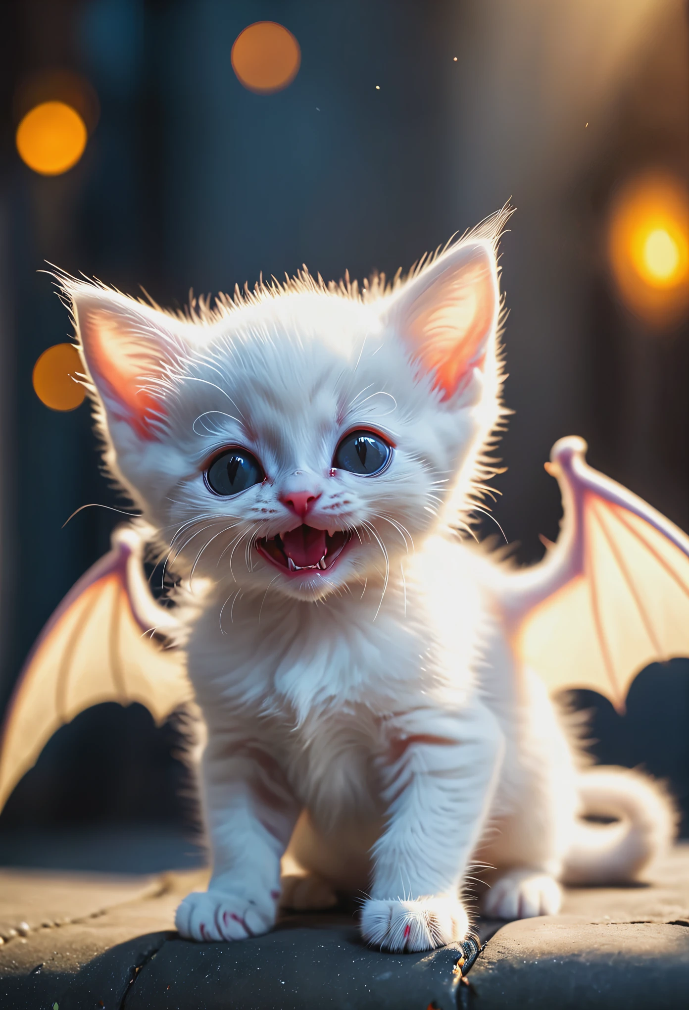 small cute white kitten with teeth like a vampire and wings like a bat. FL 35mm. Aperture f/5.6, shutter speed 1/60. ISO 100. luxurious atmosphere.