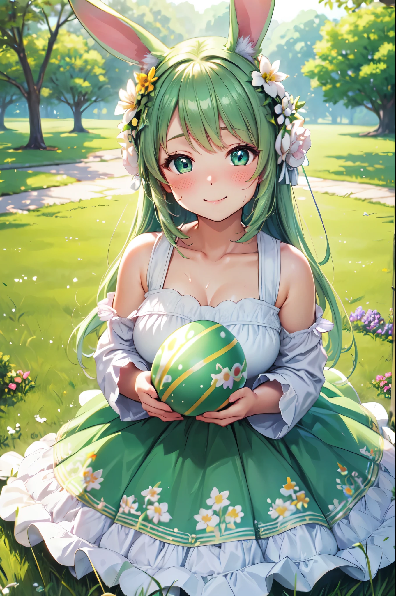 (High quality, High resolution, Fine details), serene garden environment with blooming flowers and green grass, Easter egg in her hands, delicately painted egg with intricate patterns, pastel colors for the egg, dress, accessories, solo, curvy women, sparkling eyes, (Detailed eyes:1.2), rabbit ears, smile, blush, Sweat, Oily skin, warm sunlight, gentle breeze, soft and natural lighting, shallow depth of field
