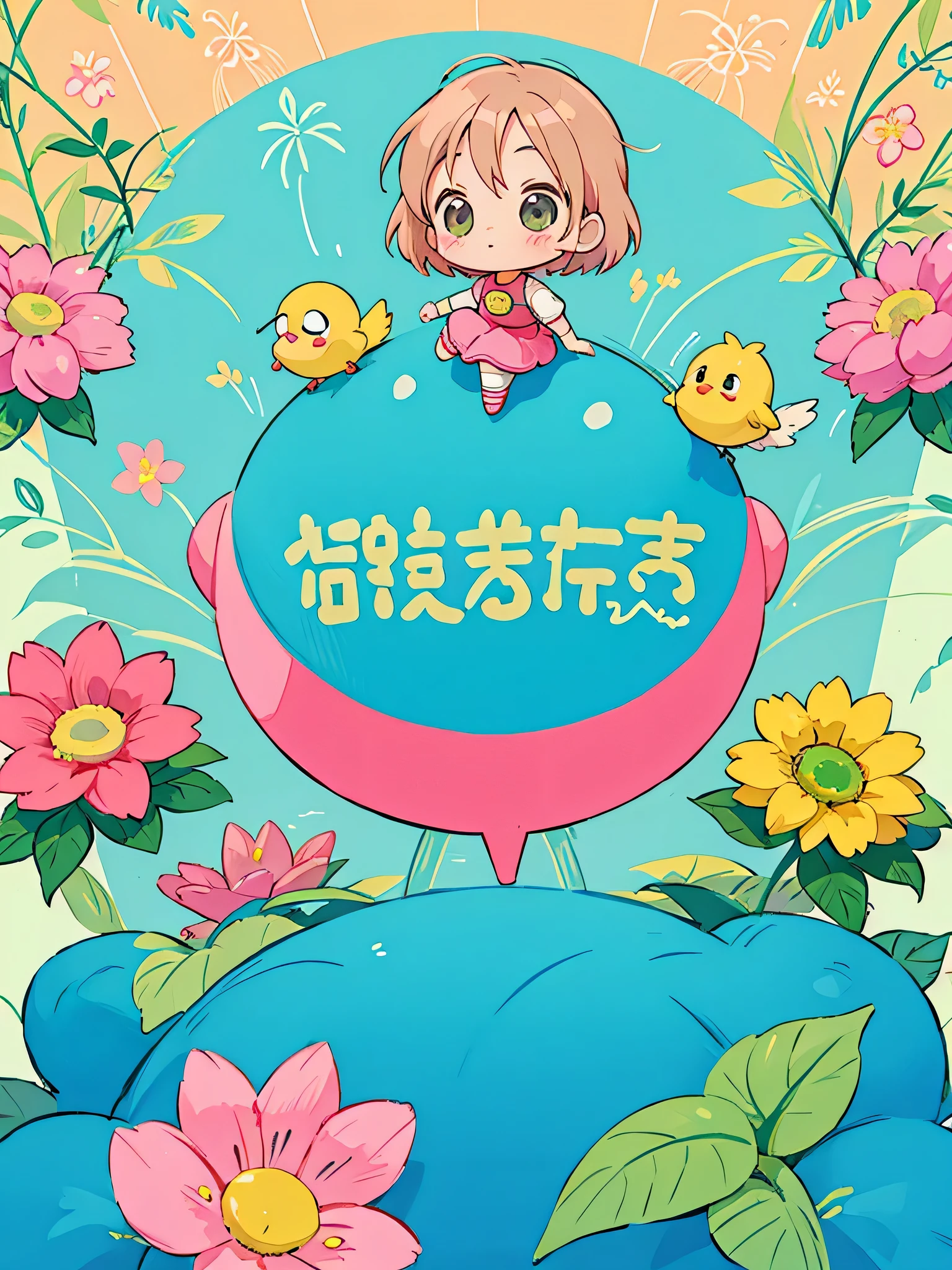 akira toriyama style, Kawaii Design, most beautiful girl ever、Chibi, birdie、colorful flowers、High walls