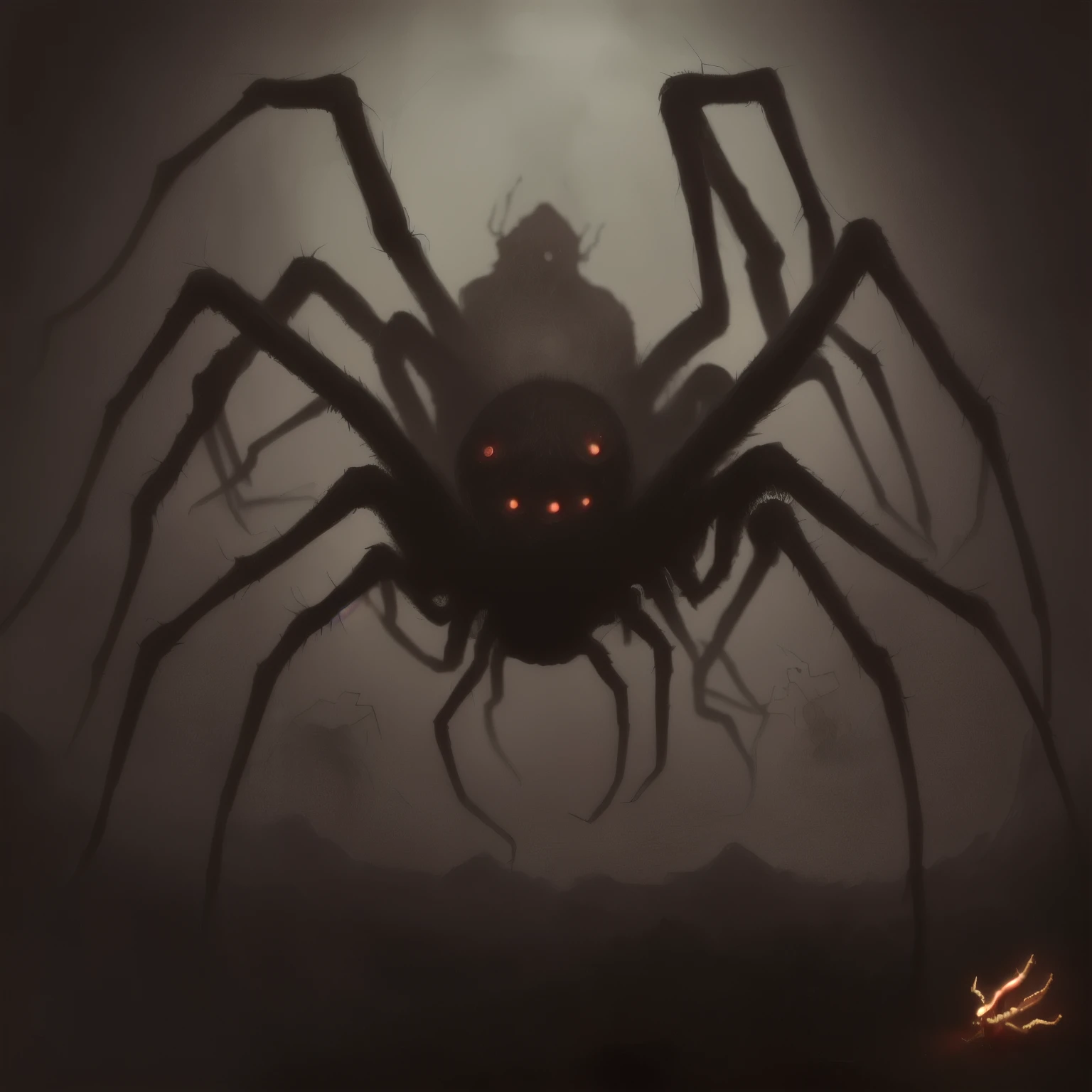 there is a spider that is sitting on the ground, an ugly giant spider, giant spider, monster concept art, d & d beholder, scary creature, creepy creature, elder thing, big spider, lolth, beholder, horror concept art, creature concept art, arachnid, demonic creature, penumbral shadowcreature, creepy monster, fantasy horror art, giant spider, large arachnid, giant monster, red eyes, red glowing eyes, dungeons and dragons, dark cave, spooky, horror, 8 eyes, red glowing eyes, creepy, spider face, drooling