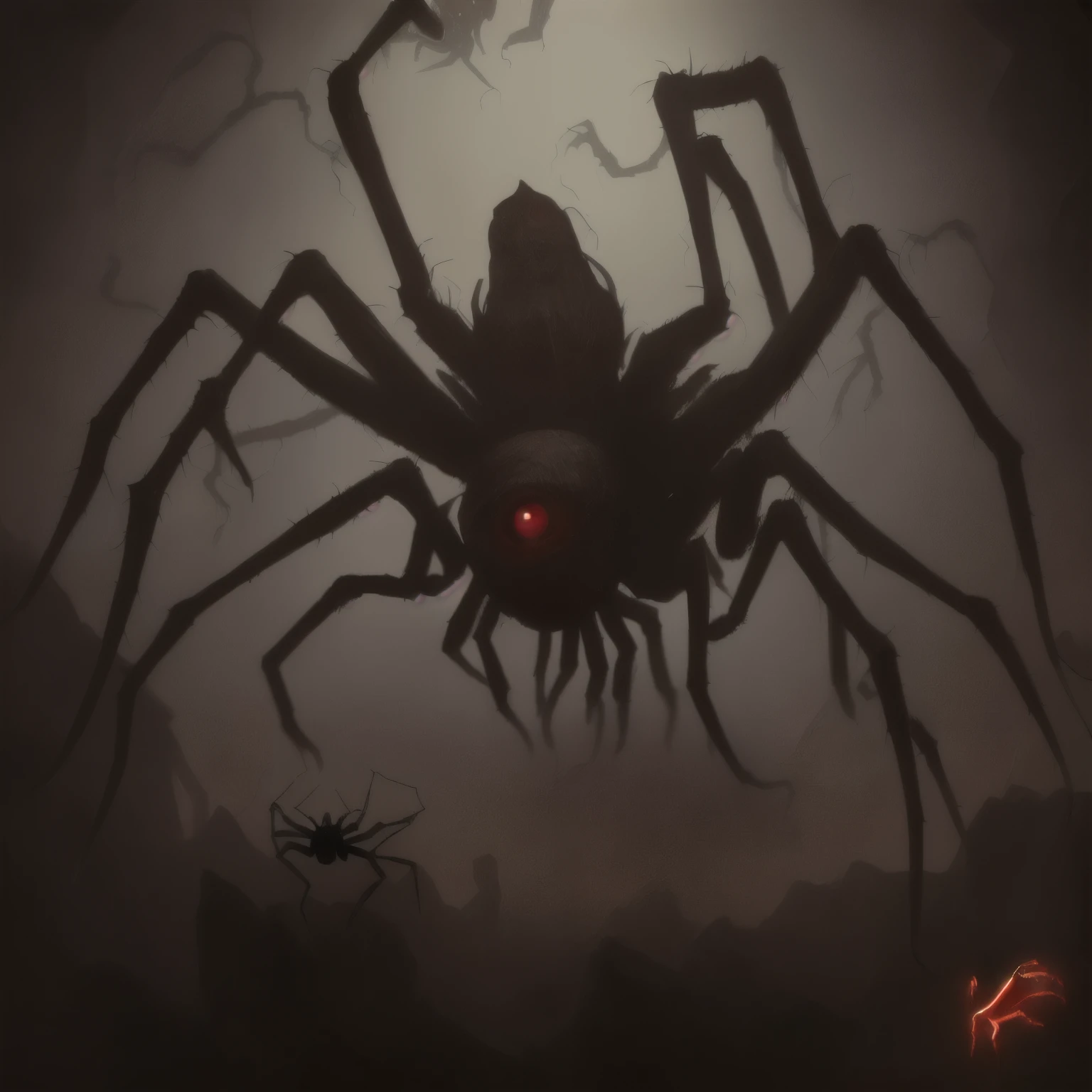 there is a spider that is sitting on the ground, an ugly giant spider, giant spider, monster concept art, d & d beholder, scary creature, creepy creature, elder thing, big spider, lolth, beholder, horror concept art, creature concept art, arachnid, demonic creature, penumbral shadowcreature, creepy monster, fantasy horror art, giant spider, large arachnid, giant monster, red eyes, red glowing eyes, dungeons and dragons, dark cave, spooky, horror, 8 eyes, red glowing eyes, creepy, spider face, drooling