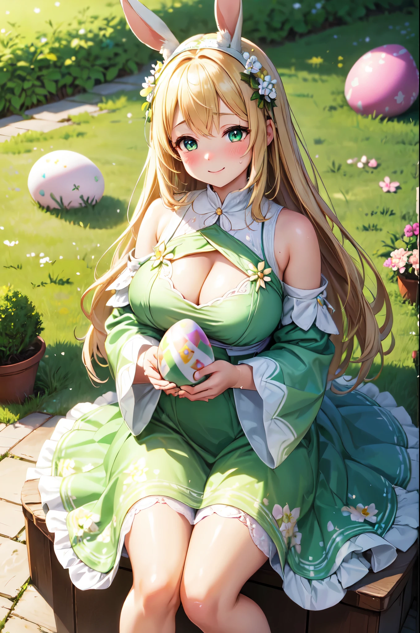 (High quality, High resolution, Fine details), serene garden environment with blooming flowers and green grass, Easter egg in her hands, delicately painted egg with intricate patterns, pastel colors for the egg, dress, accessories, solo, curvy women, blond hair, sparkling eyes, (Detailed eyes:1.2), rabbit ears, smile, blush, Sweat, Oily skin, warm sunlight, gentle breeze, soft and natural lighting, shallow depth of field