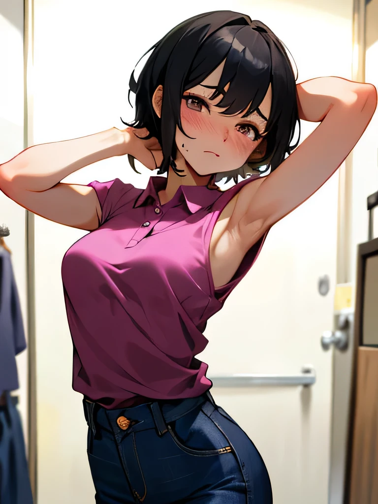 No bra, lower body, Japanese, very short hair, pubic hair, beautiful breasts, embarrassed, shyness, worries, beautiful breasts, black hair, changing room, changing clothes, standing, arms, armpits, hands on face, magenta polo shirt, jeans, small breasts