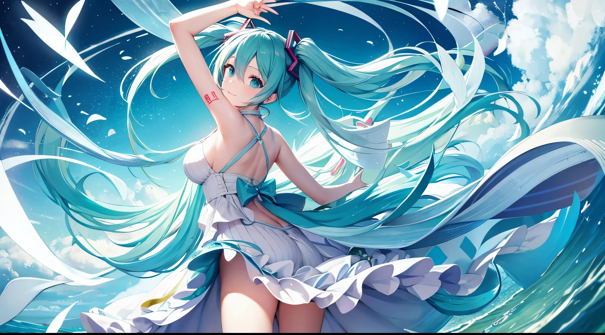Hatsune Miku、Appearing to be dancing、happy look、The fingers are5Book、Reproduction exactly