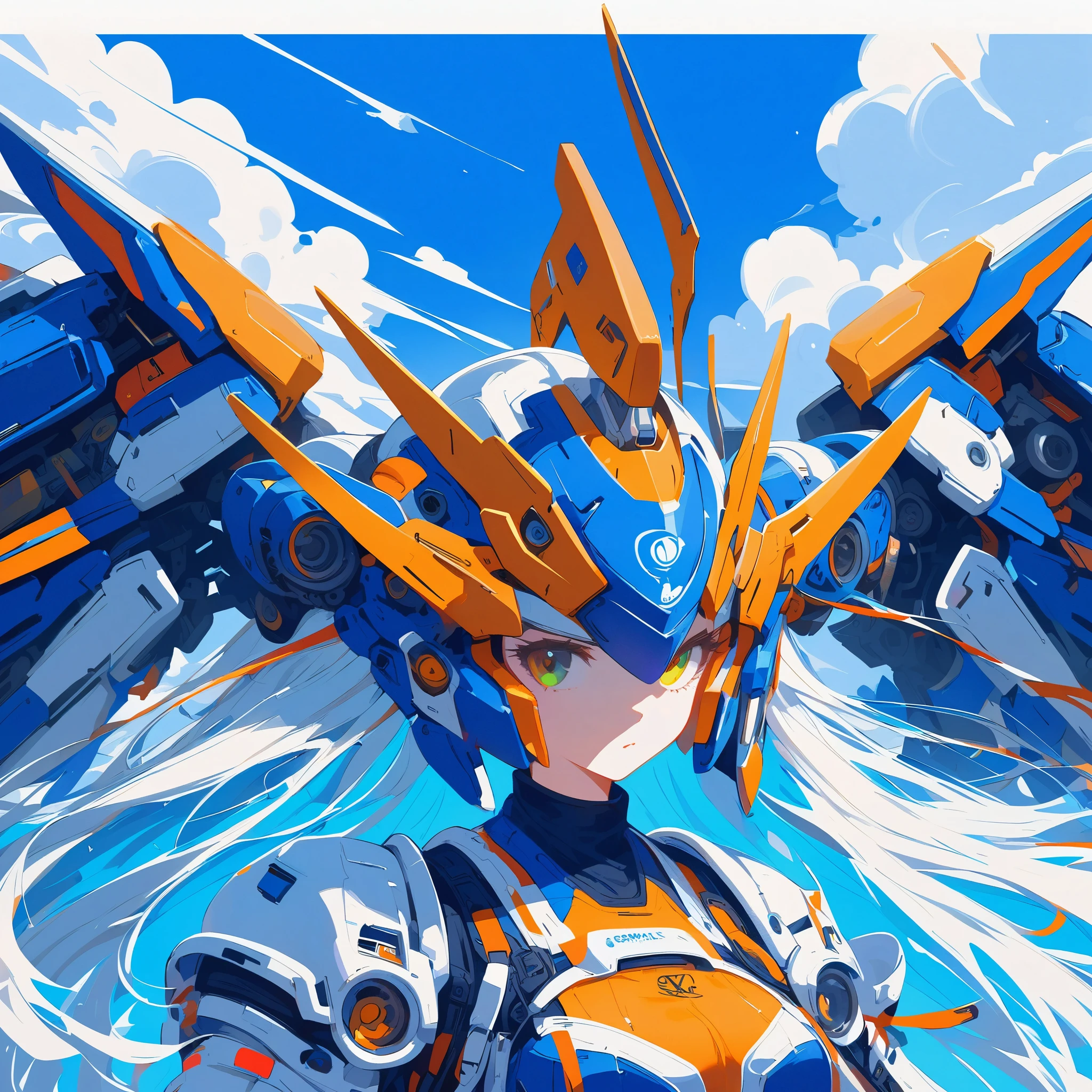 ((celluloid)),Mecha musume,a woman in a futuristic outfit is floating in the air with a sword in her hand with a sky and clouds and blue background with white clouds and blue and orange lines and white,with a,Joseph Stella,Mecha,portrait,rayonism,