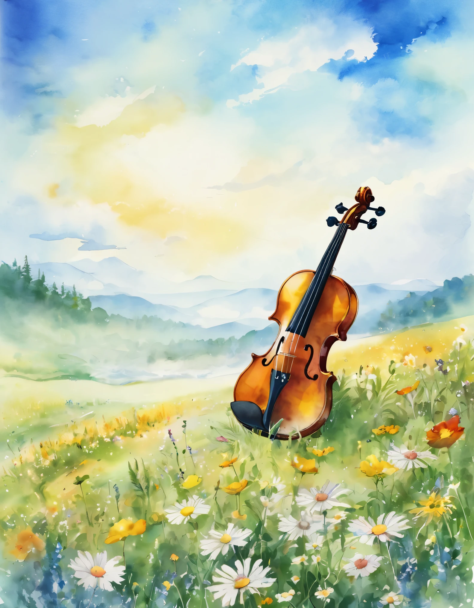 masterpiece、A flower-filled meadow, blue sky,violin,Please create a watercolor-style depiction of a violin from a side angle, with ample whitespace surrounding the entire violin to ensure a more complete composition.