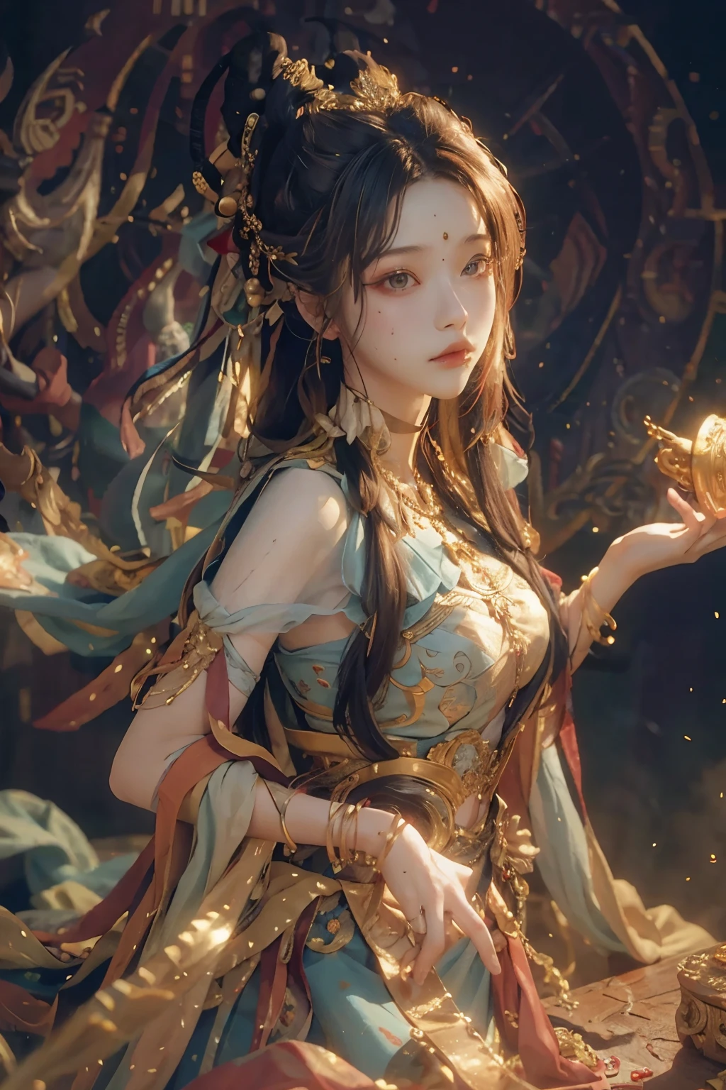 (original photo, best quality), (actual, photo-actual:1.3),best quality,Very detailed,masterpiece,Super detailed,illustration,1 girl,superior_Body,Dynamic angle,world masterpiece theater,messy_long_hair,best quality,Extremely detailed CG unified 8k wallpaper,ink,Astonishing,movie lighting,lens_flare, Dunhuang_style