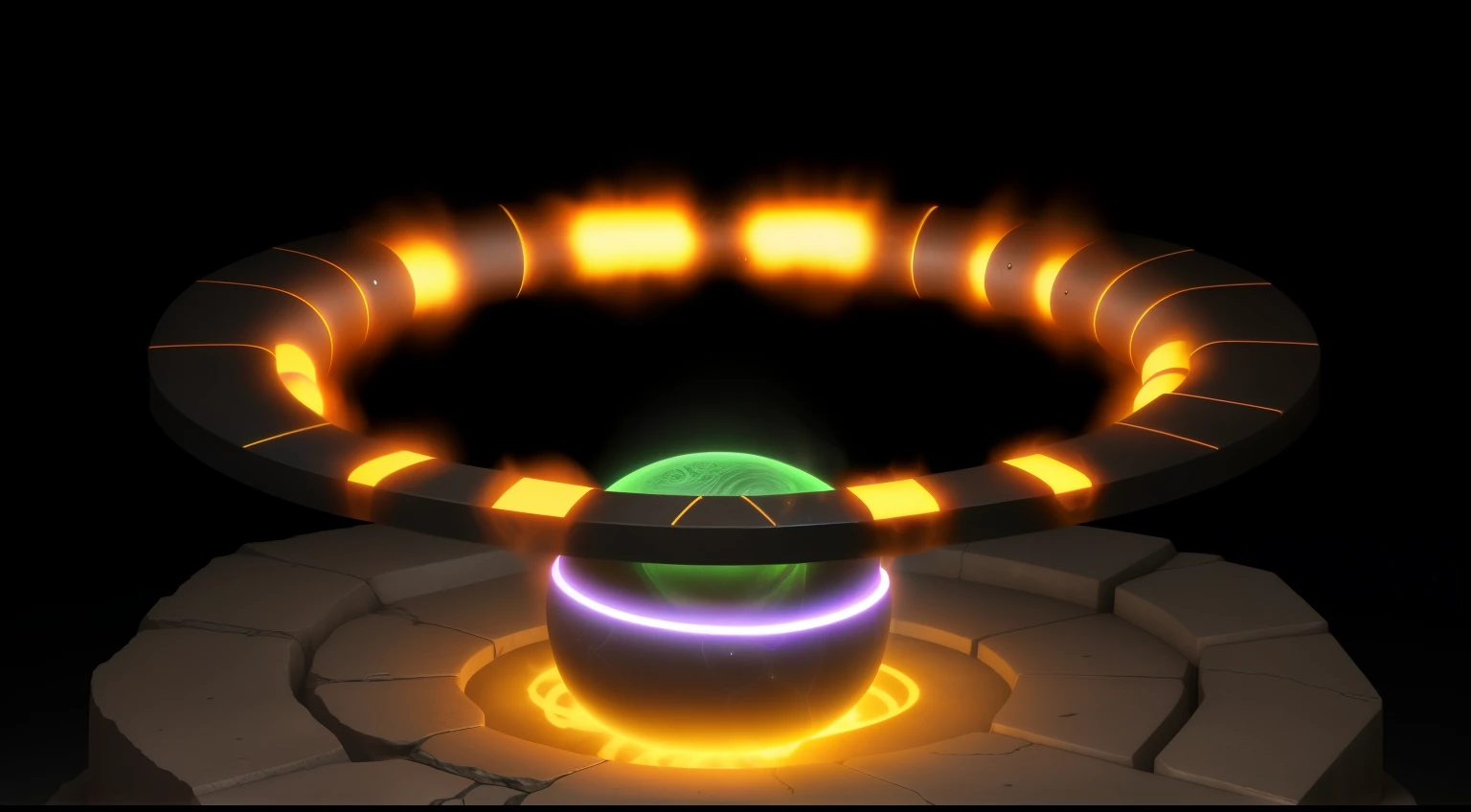 Tokamak, ring structure,magnetic field lines,glow,Suspended on stone,Alien Technology