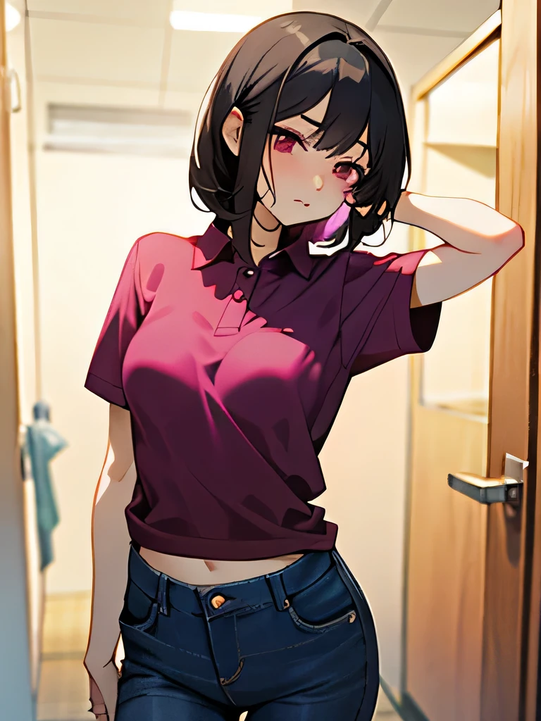 No bra, lower body, Japanese, very short, pubic hair, beautiful breasts, embarrassing, shyness, worries, beautiful breasts, black hair, changing room, changing clothes, standing, arms, hands on face, magenta polo shirt, jeans, small breasts