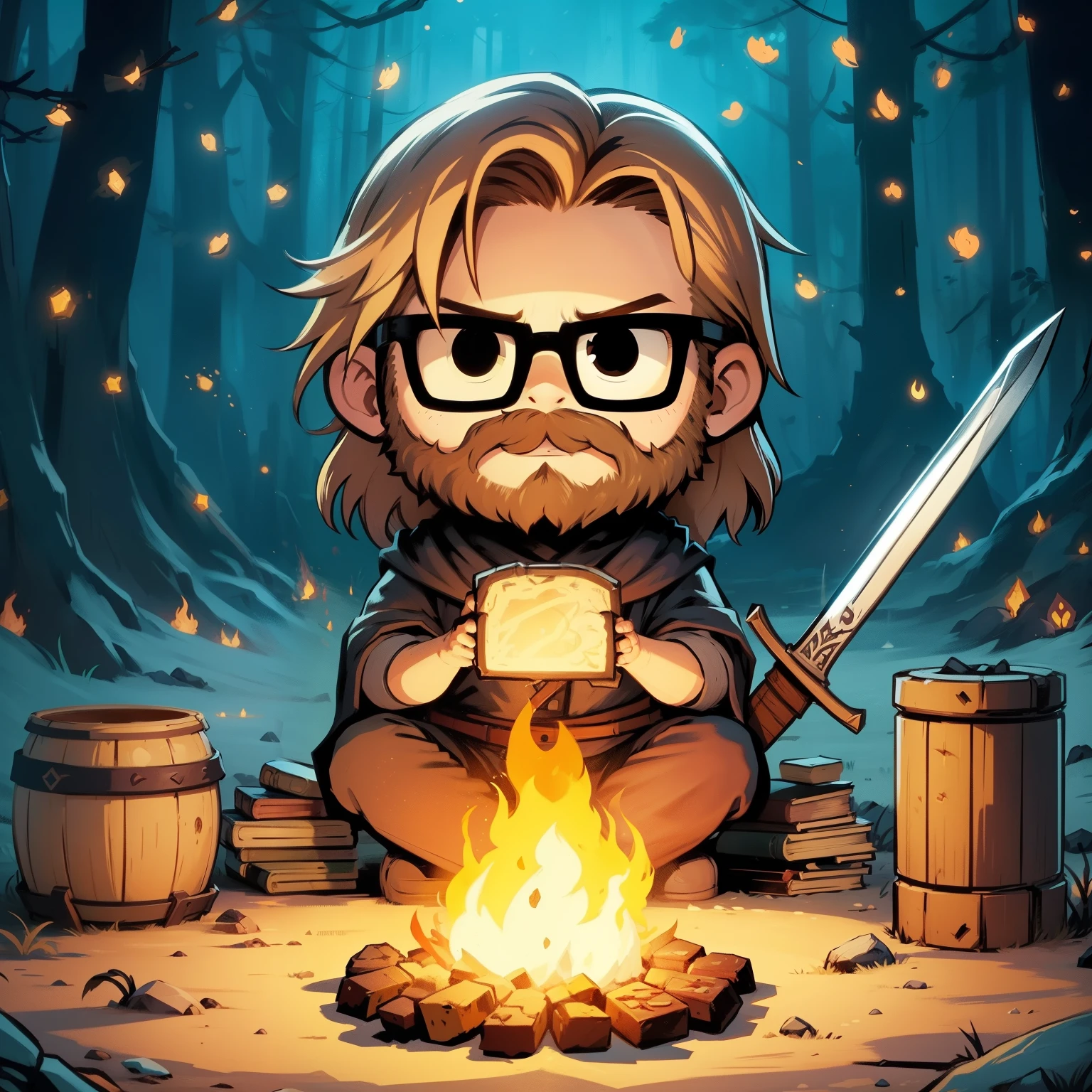 Cartoon illustration of a man sitting in front of a campfire with a knife, critical role caleb, hero 2d fanart artstation, en una fogata en el bosque, fondo de fogata, epic roleplay portrait, ilustraciones de fondo, in Hearthstone art style, avatar image, espada izquierda, escudo derecha ,   Hearthstone art style, fantasy Hearthstone art style, Arte estilo Hearthstone, Fanart del juego 2D, darkest dungeon art style