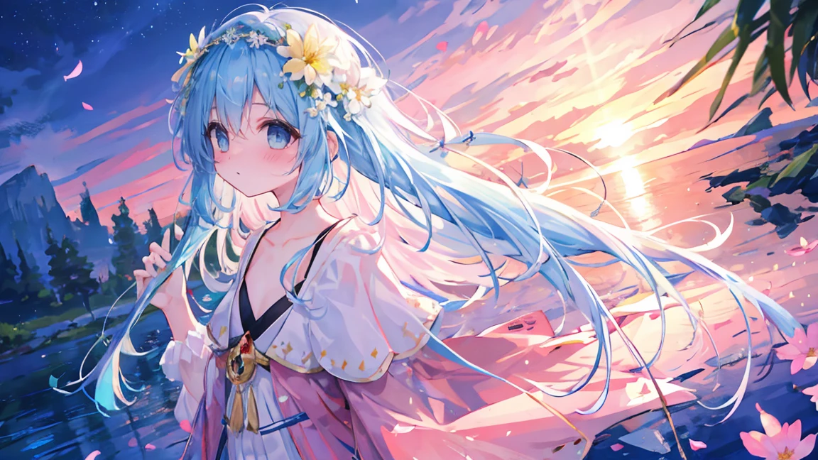 (ultra-intricate pupil in eyes, shiny eyes), long eyelashes, double eyelids, parted lips, kawaii, cute, ( flat chest), slender, (ultra delicate and beautiful skin), insanely detailed clothes, perfect anatomy, dynamic angle, BREAK (masterpiece, best quality), (ultra-detailed 8K), (perfect design), absurdres, highres, ((blush)), (super fine illustration), ((light blue long hair)), 10 years old, long hair ((blush)), masterpiece,
(MASTERPIECE), (Best Quality), (Super Detail), Official Art, One Girl, with Pale Light Blue Hair, absurd, High resolution, (anime style:1.1), ((table top)), ((highest quality)), (super detailed), (beautiful), solo, beautiful face、(Highest picture quality), 8k, wallpaper, (Master's work),(Detailed eyes description),(Detailed face description)(back view), 1girl, yellow eyes, (very long hair),very long hair (floating in the wind), back-view, looking back, hair ornament, flower hair ornament. headband, collarbone, ribbon, white dress, visible shoulders, blush, pond, petals (lens flare), walking on pond, water reflection, pond, aurora sky, night sky, pink sky, galaxy sky, horizon, mountains, forest, moon, (cover-style:1.3), fashionable, woman, vibrant, posing, front, colorful, dynamic, background, elements, shy, expression, holding, statement, accessory, majestic, coiled, around, touch, scene, attention-grabbing, catchy, modern, trendy, focus, fashion, realistic lighting, extreme blushing