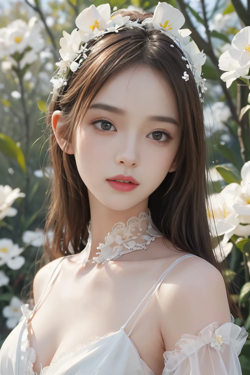 best quality、tmasterpiece、ultra high resolution、actual、1 girl、Glossy skin、((Surreal detailed))、Global photo、8K、Highly complex details、shinning eyes、Elegant pose、White ultra-thin transparent lace、Lots of flowers in the background