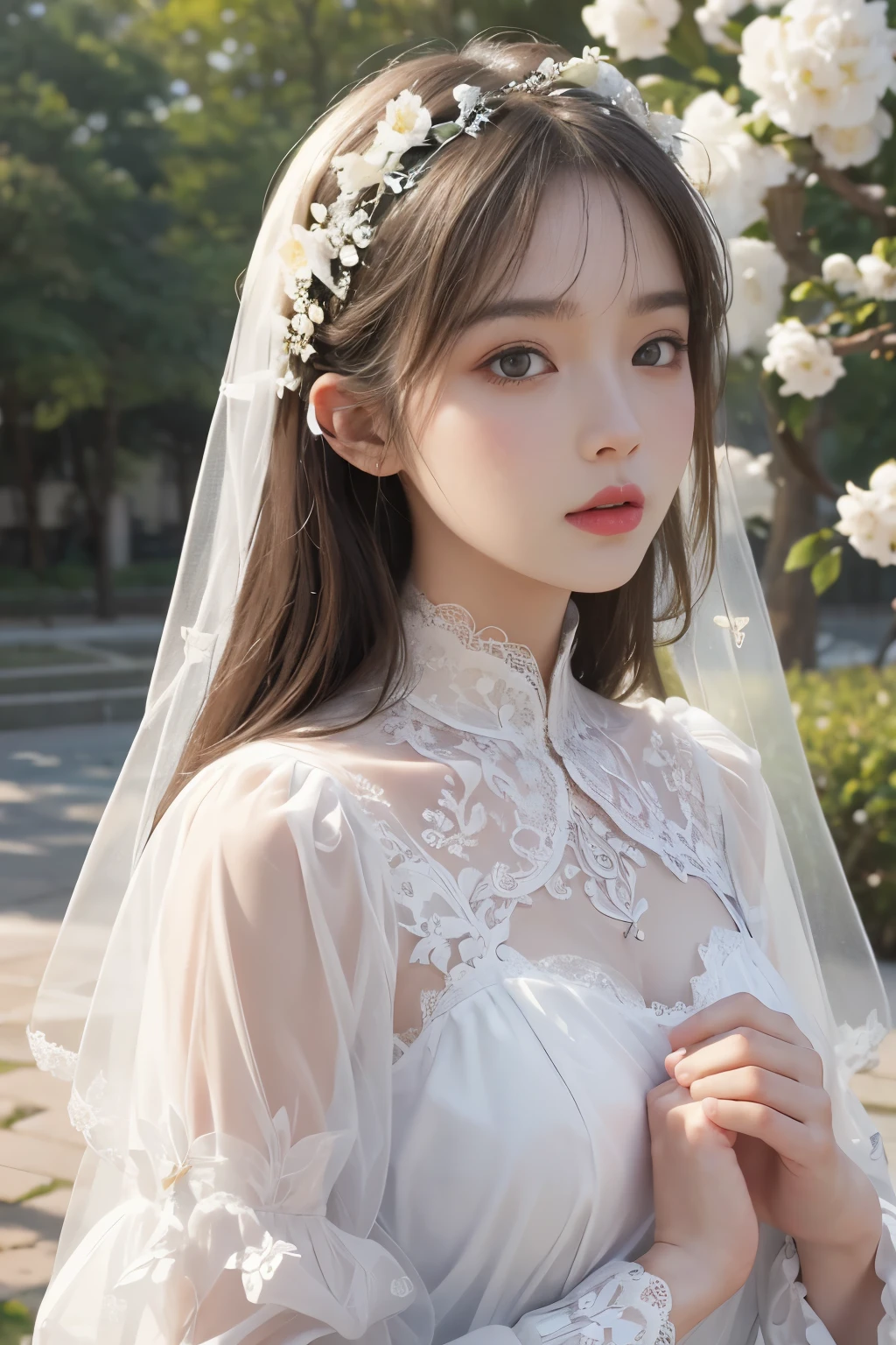 best quality、tmasterpiece、ultra high resolution、actual、1 girl、Glossy skin、((Surreal detailed))、Global photo、8K、Highly complex details、shinning eyes、Elegant pose、White ultra-thin transparent lace、Lots of flowers in the background