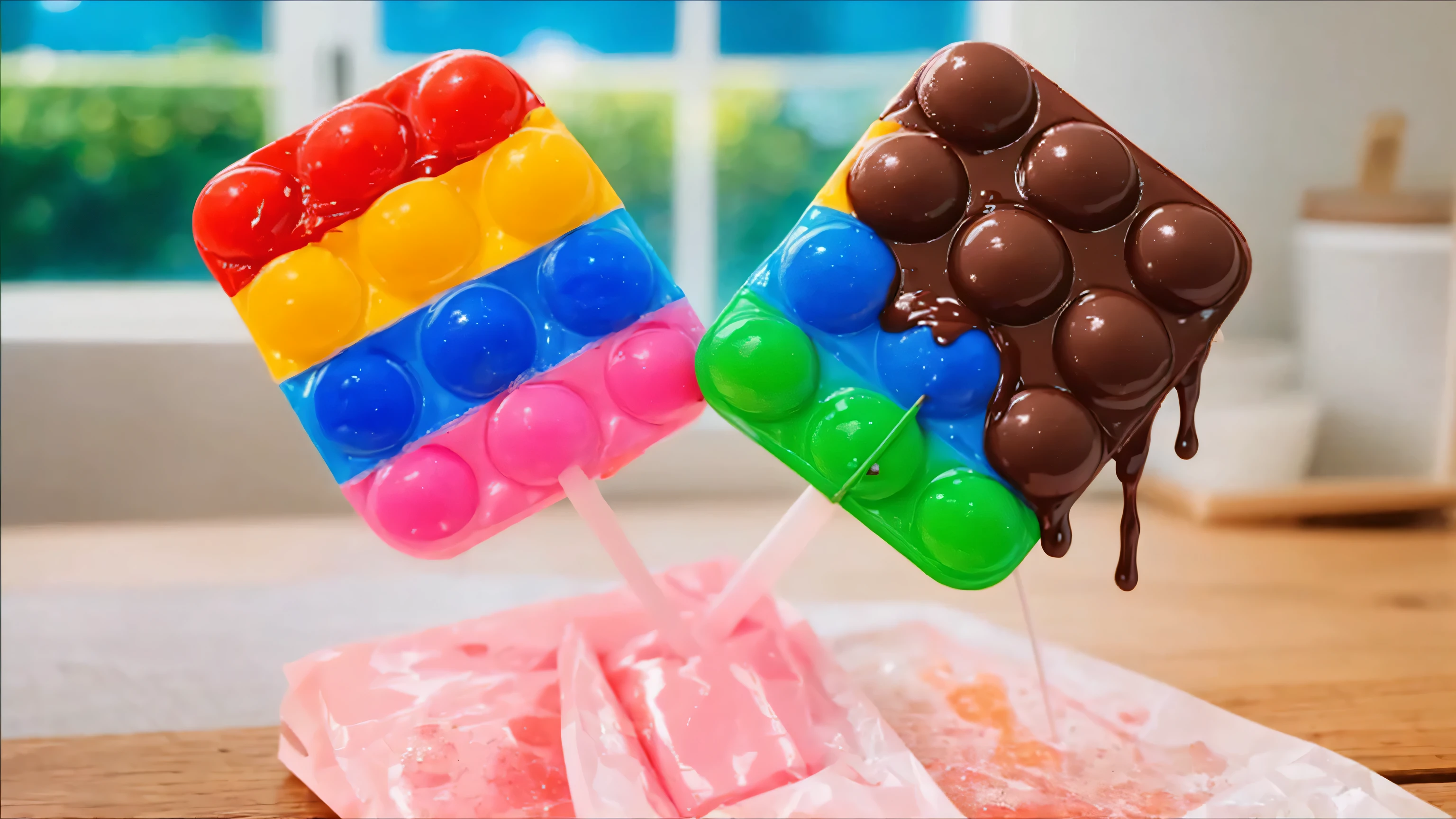 in the world kitchen, on a wooden table, a hand holds two tiny plastic sticks, at the end of which are small multi-colored Pop-It candies, which are divided into layers, on the right candy the candy is covered with chocolate streams with drips, realistic style, detailed texture, high quality, high resolution, high quality rendering, realistic photo, brightning light, ultra 4K HD, macro photo
