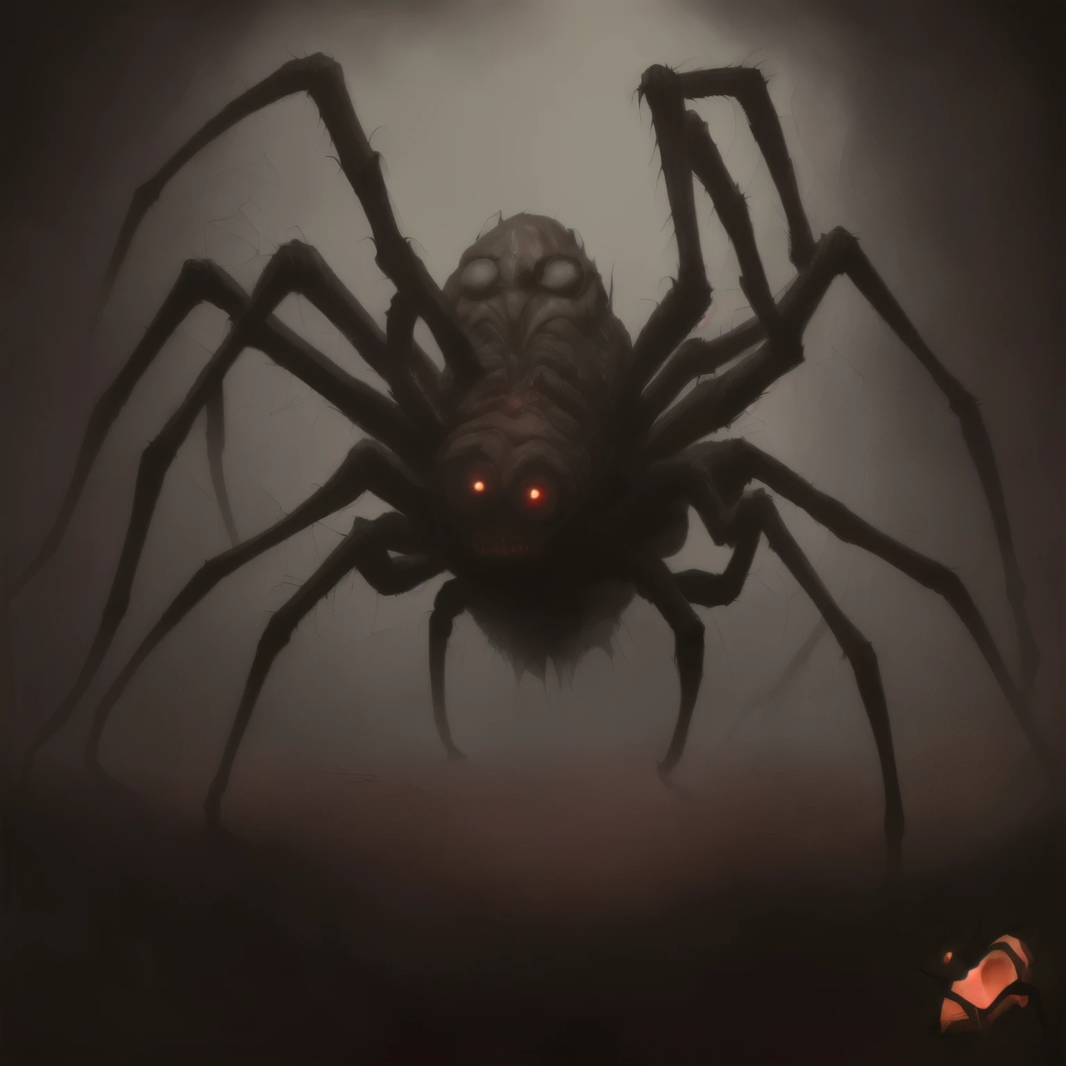there is a spider that is sitting on the ground, an ugly giant spider, giant spider, monster concept art, d & d beholder, scary creature, creepy creature, elder thing, big spider, lolth, beholder, horror concept art, creature concept art, arachnid, demonic creature, penumbral shadowcreature, creepy monster, fantasy horror art, giant spider, large arachnid, giant monster, red eyes, red glowing eyes, dungeons and dragons, dark cave, spooky, horror, 8 eyes, red glowing eyes, creepy, spider face, drooling