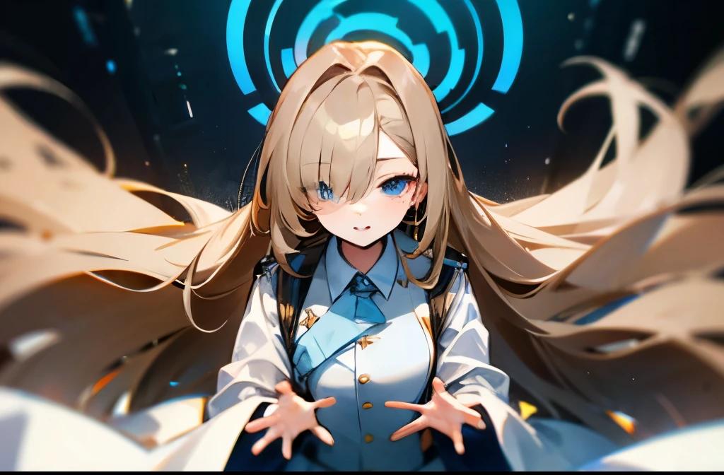 front view, looking at you, POV, holding both your hands, light brown hair,blue eyes,very long hair,hair over one eyes,halo, white shirt, uniform