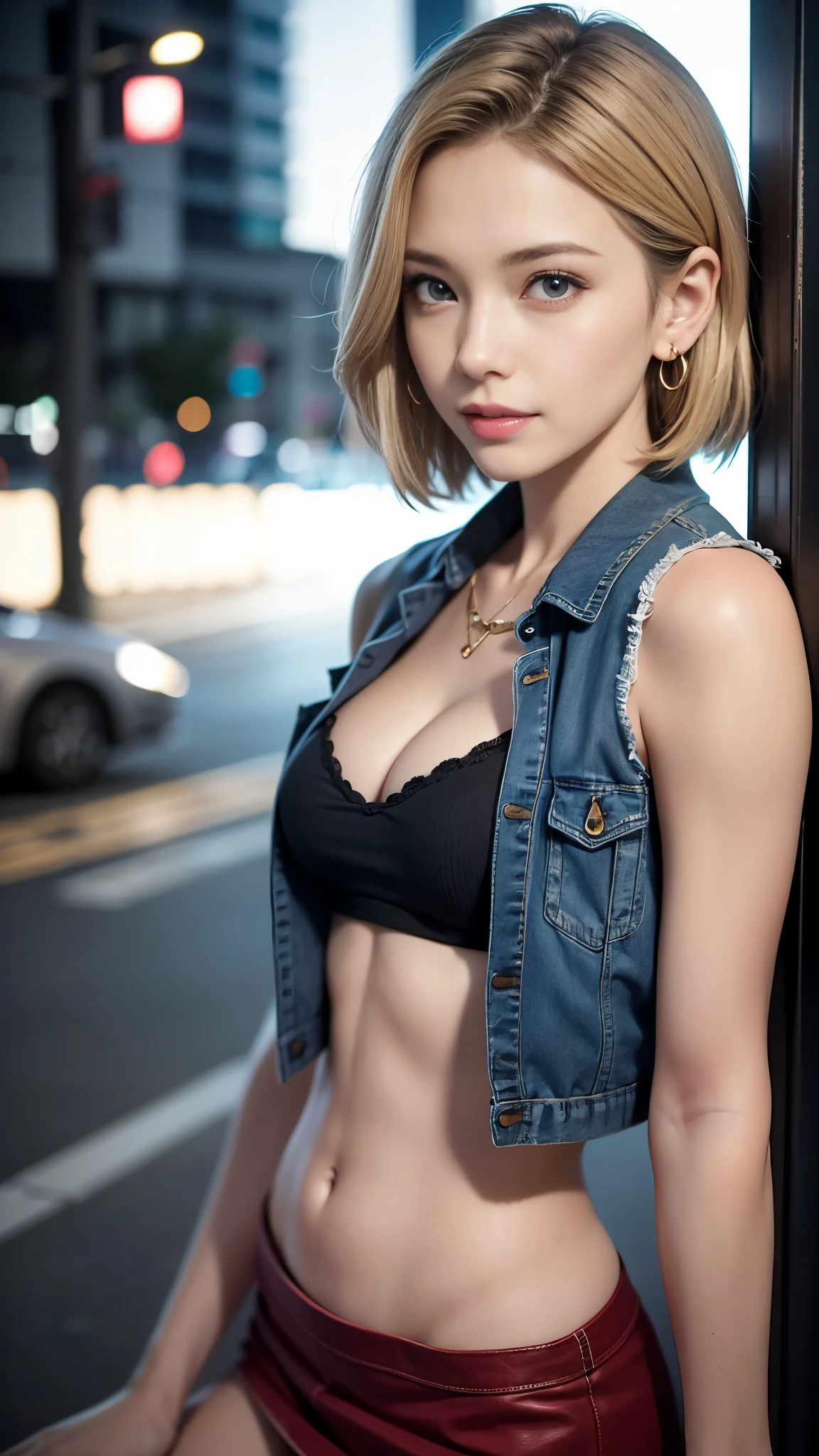 highest quality, High resolution, AND18, 1 girl, android 18, alone, blonde hair, blue eyes, short hair, cute smile,earrings, jewelry, denim dress, open vest, black sports bra, jeans miniskirt, blue mini skirt, small breasts, cowboy shot, she is wearing black short boots,street, (external expansion chest: 1.2),