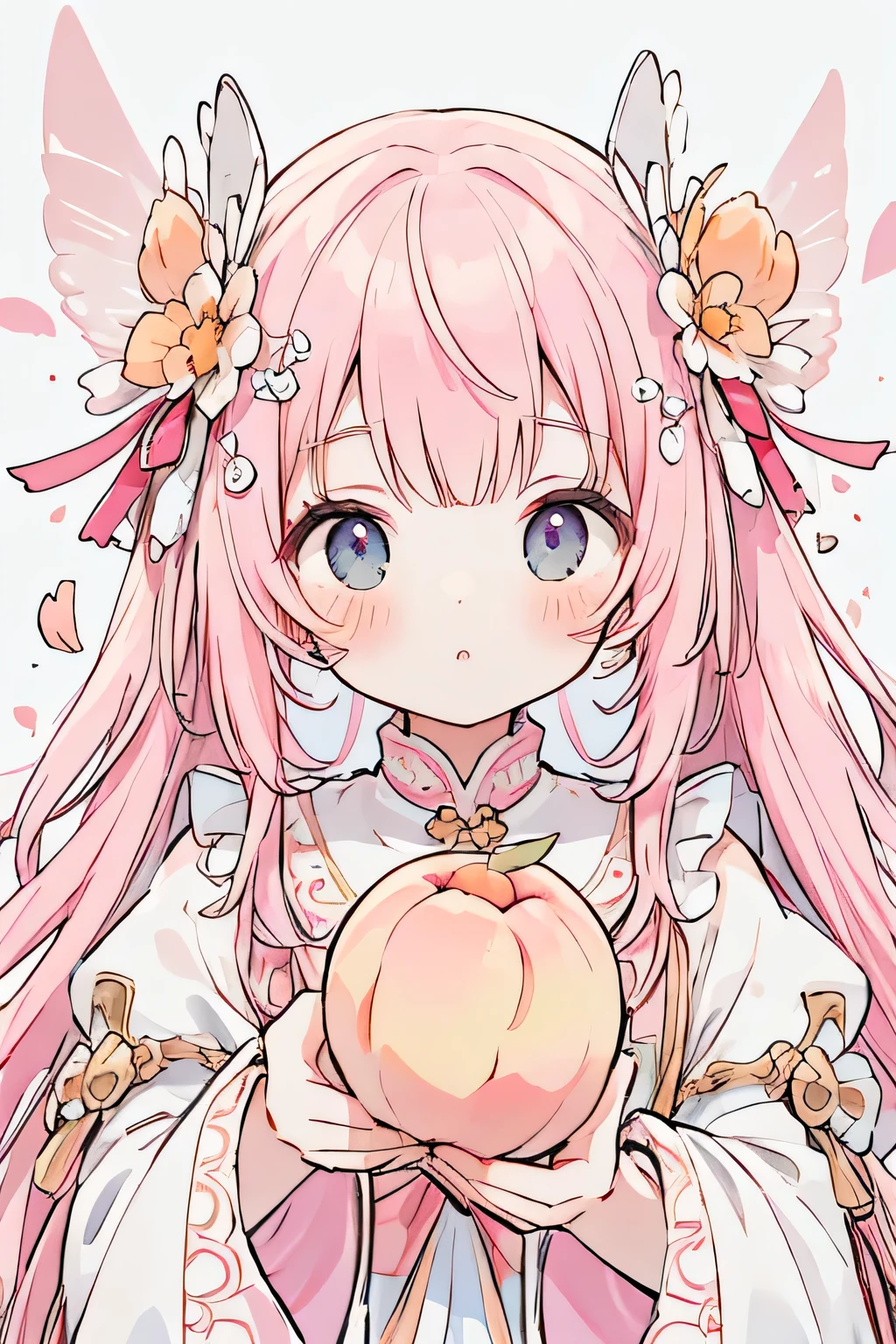 absurd, High resolution, (anime style:1.1), ((highest quality)), (Super detailed), (beautiful)、(lift),cute、holding a peach in your hand、Peach on the background,pink hair color、Holding up a peach