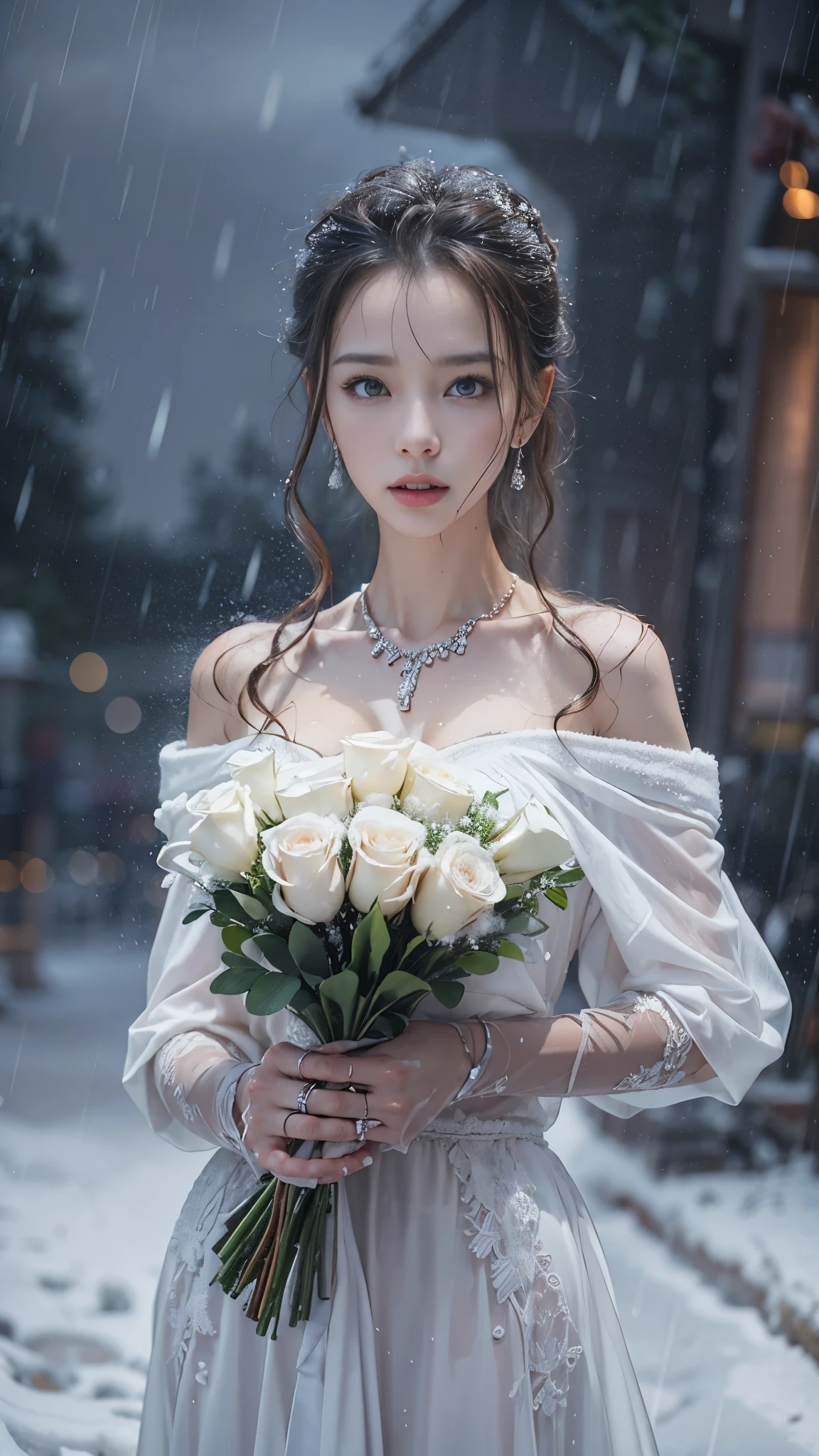 (RAW shooting, Photoreal:1.5, 8K, highest quality, masterpiece, ultra high resolution), ((((heavy snow, Blizzard)))), Highly detailed skin and facial textures:1.3, perfect dynamic composition:1.2, (In front of a church at night in a modern city, expression of sadness:1.0, Tears are flowing:1.0, cry with a broken heart:1.0), Slim office lady wet in the rain:1.3, cowboy shot, Fair skin:1.2, sexy beauty:1.1, perfect style:1.2, beautiful and aesthetic:1.1, very beautiful face:1.2, water droplets on the skin, (rain drips all over my body:1.2, wet body:1.2, wet hair:1.3), (professional dressing:1.1, Holding a bouquet of wet roses:1.2, How to Wear a Wet Pure White Wedding Dress Correctly:1.3), (Medium chest, Bra is sheer, Chest gap),  (Eyes that feel beautiful eros:0.8, Too erotic:0.8, Bewitching:0.8), necklace, earrings, bracelet, wedding ring, Highly detailed hand and finger expressions