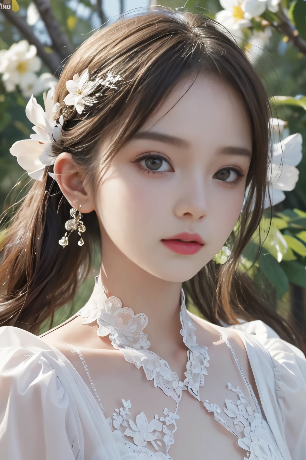 best quality、tmasterpiece、ultra high resolution、actual、1 girl、Glossy skin、((Surreal detailed))、Global photo、8K、Highly complex details、shinning eyes、Elegant pose、White ultra-thin transparent lace、Lots of flowers in the background