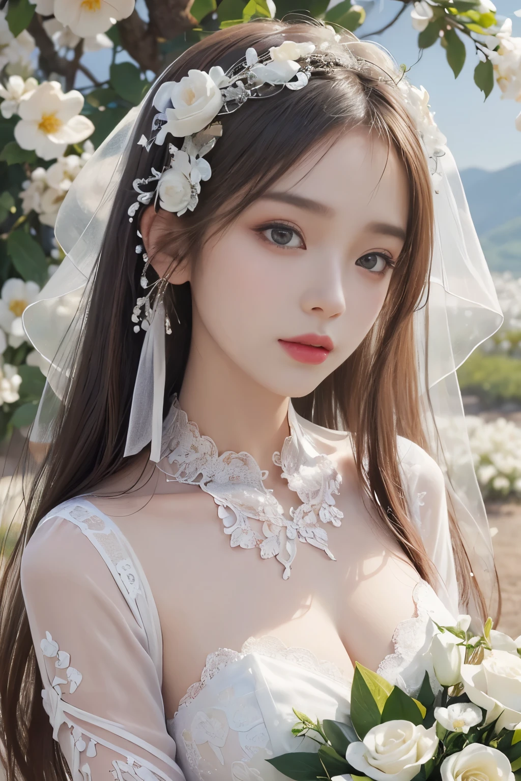 best quality、tmasterpiece、ultra high resolution、actual、1 girl、Glossy skin、((Surreal detailed))、Global photo、8K、Highly complex details、shinning eyes、Elegant pose、White ultra-thin transparent lace、Lots of flowers in the background