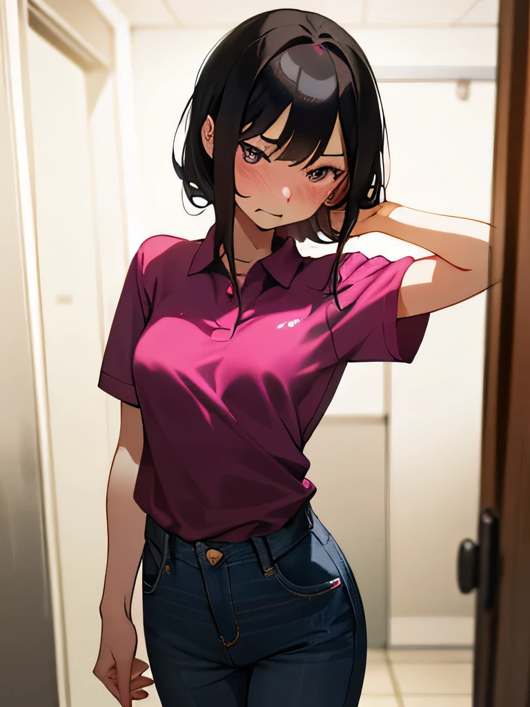 No bra, lower body, Japanese, very short, pubic hair, beautiful breasts, embarrassed, shyness, worries, beautiful breasts, black hair, changing room, changing clothes, standing, arms, hands on face, magenta polo shirt, jeans, small breasts, short sleeves