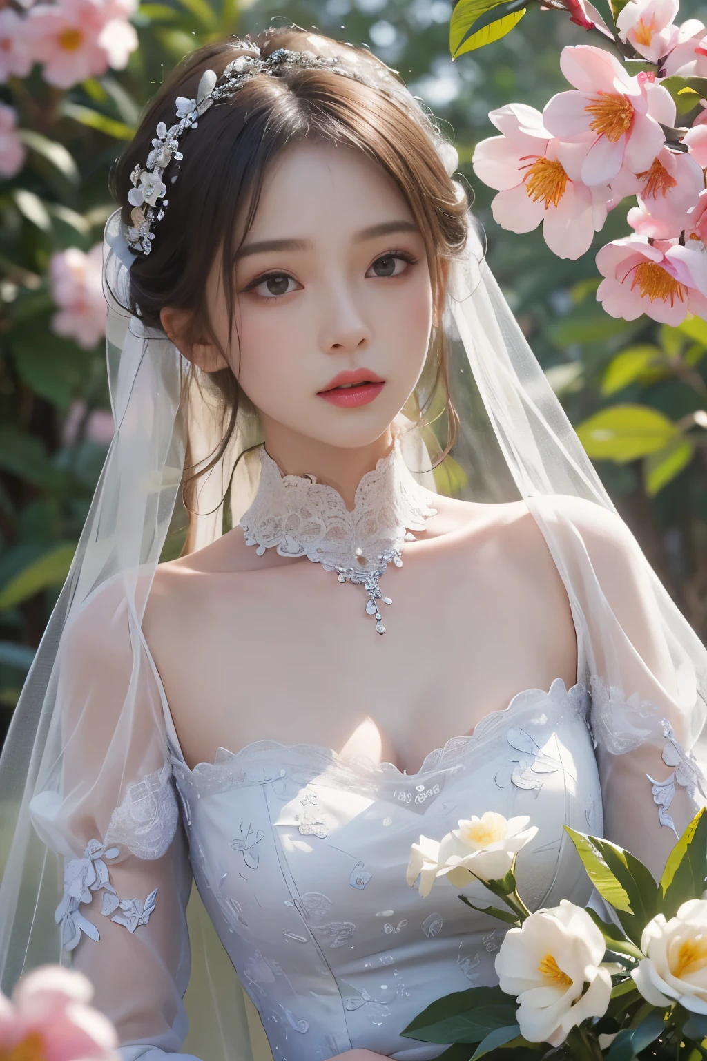 best quality、tmasterpiece、ultra high resolution、actual、1 girl、Glossy skin、((Surreal detailed))、Global photo、8K、Highly complex details、shinning eyes、Elegant pose、White ultra-thin transparent lace、Lots of flowers in the background