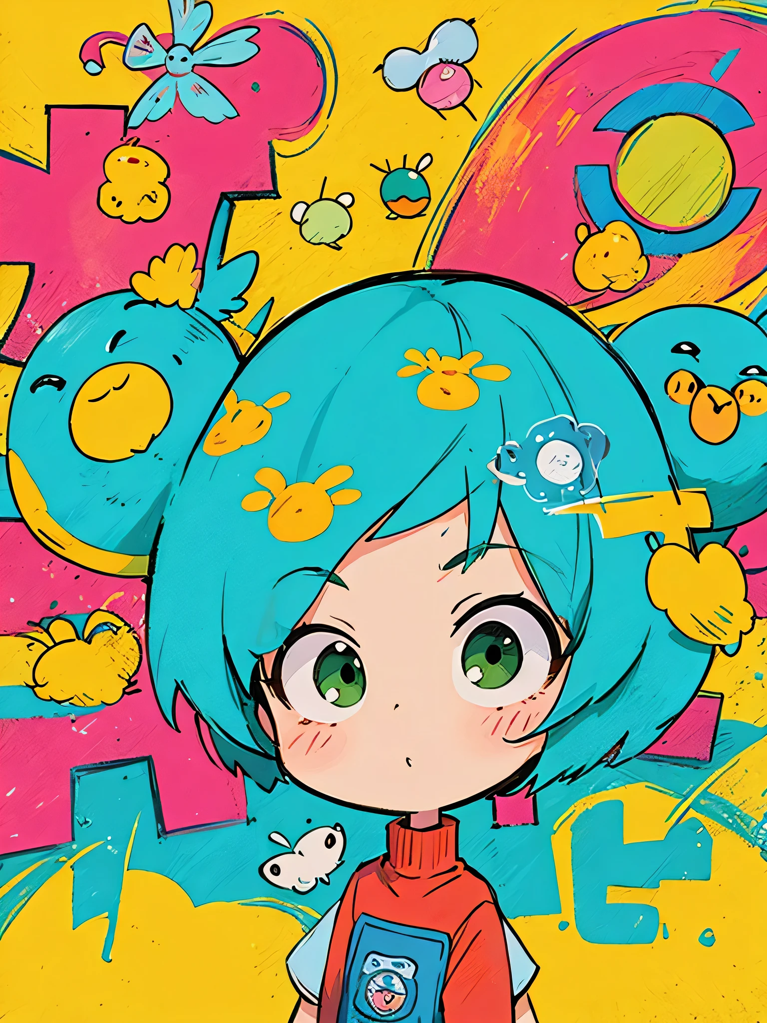 akira toriyama style, Kawaii Design, most beautiful girl ever、Chibi, birdie、wall graffiti、The background is a colorful wall