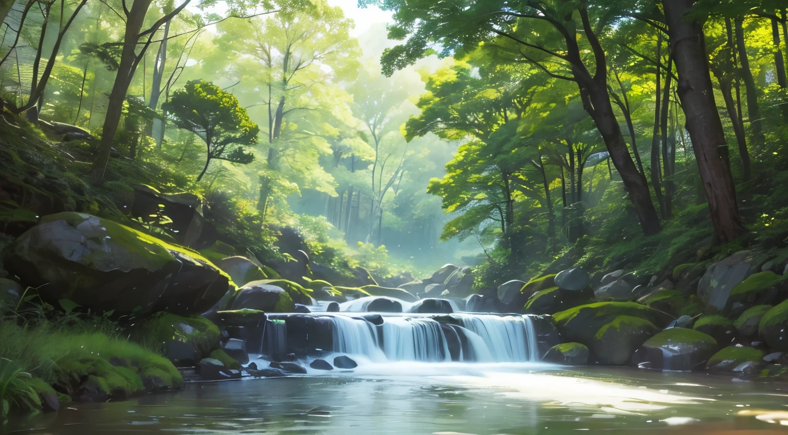 I took a photo of a peaceful moment spent in nature..。wood々Imagine a peaceful landscape bathed in soft morning light.。.。a gentle meandering stream、Surrounded by lush greenery。The overall atmosphere is calm and connected to the natural world.、Highlights the beauty and serenity of outdoor moments。