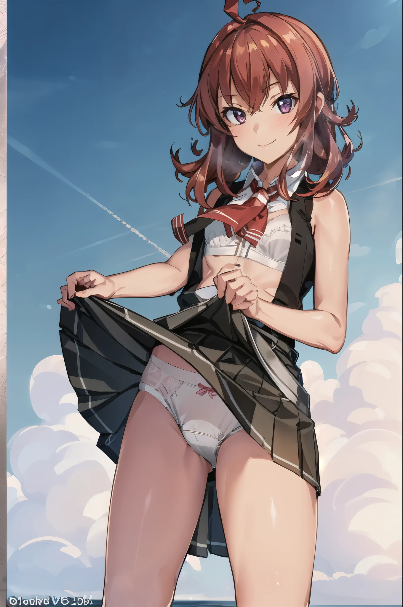 1 girl, alone, Best quality overall, masterpiece, High resolution, alone, (storm_Fleet Collection), length_hair, red_hair, One_~ ~ side_Excellent, Ahoge, Purple_eye, red面, light smile, slender girl, whole body, (((white underwear))), light smile, 細かくて澄んだeye, ),(elaborately designed panties),((NSFW)),lingerie, pleated skirt, skirt lift
