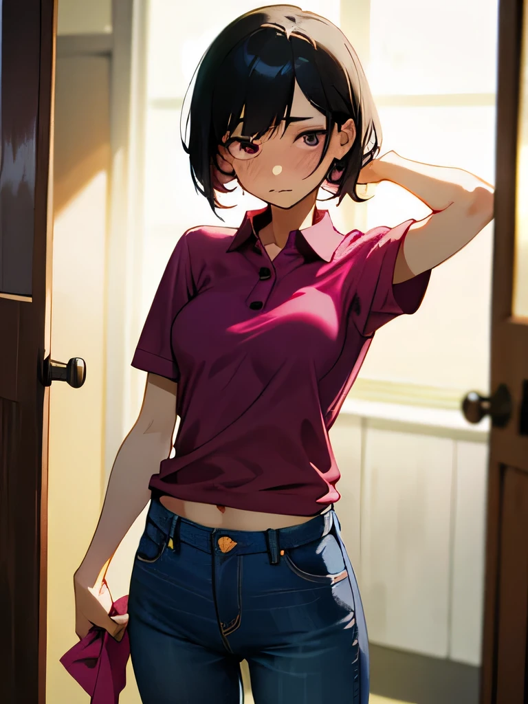 No bra, lower body, Japanese, very short hair, pubic hair, beautiful breasts, embarrassed, shyness, worries, beautiful breasts, black hair, changing room, changing clothes, standing, arms, hands on face, magenta polo shirt, jeans, small breasts, short sleeves, not tucking clothes into pants