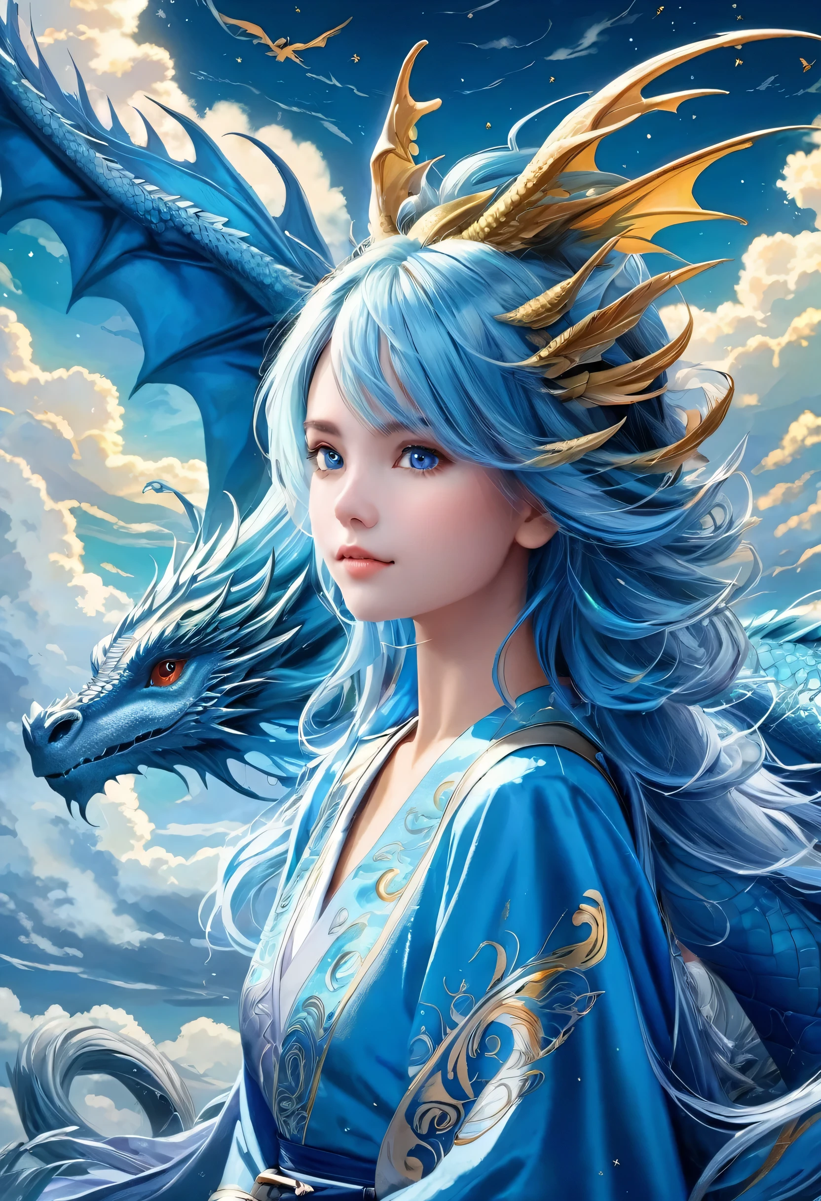 chica de pelo azul con un dragon en el cielo