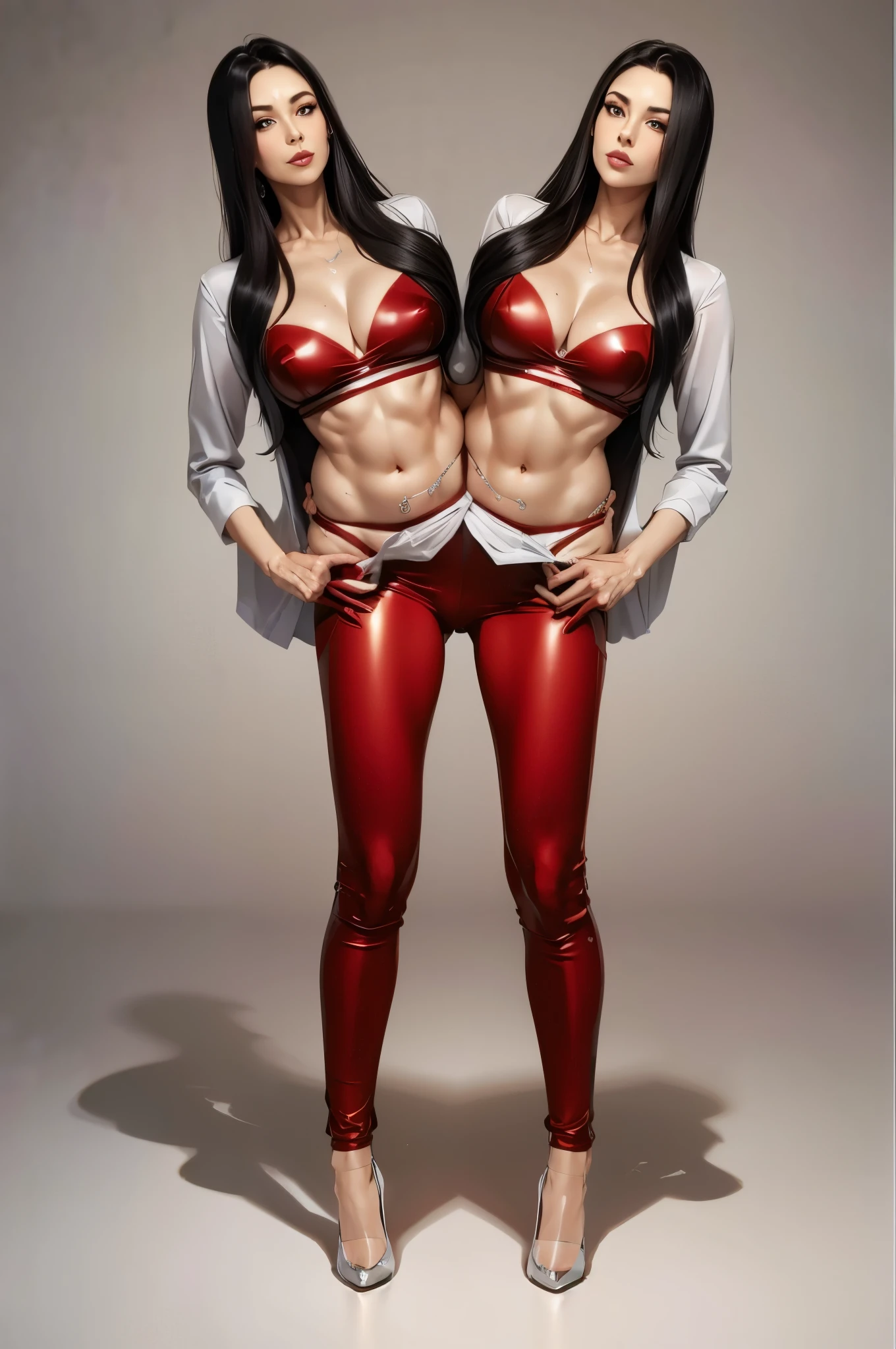 Adult person wearing red leggings:1,Red crop top:1, high quality,4k, full body,small size breasts,