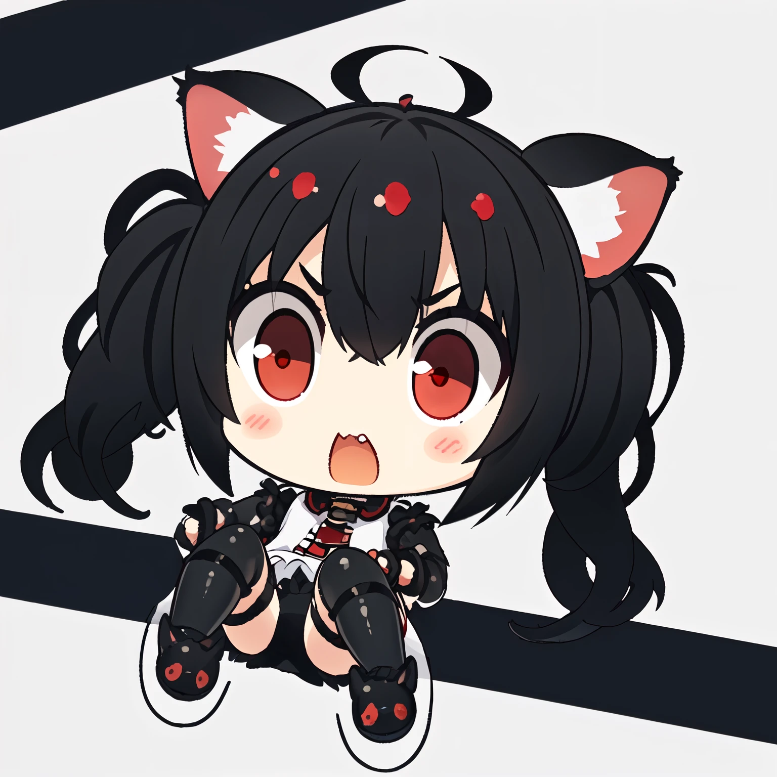 1girl, (chibi:1.4), (angry expression), upper body, lying on bed, ((black pigtails with cat ears , red eyes)) , indoors