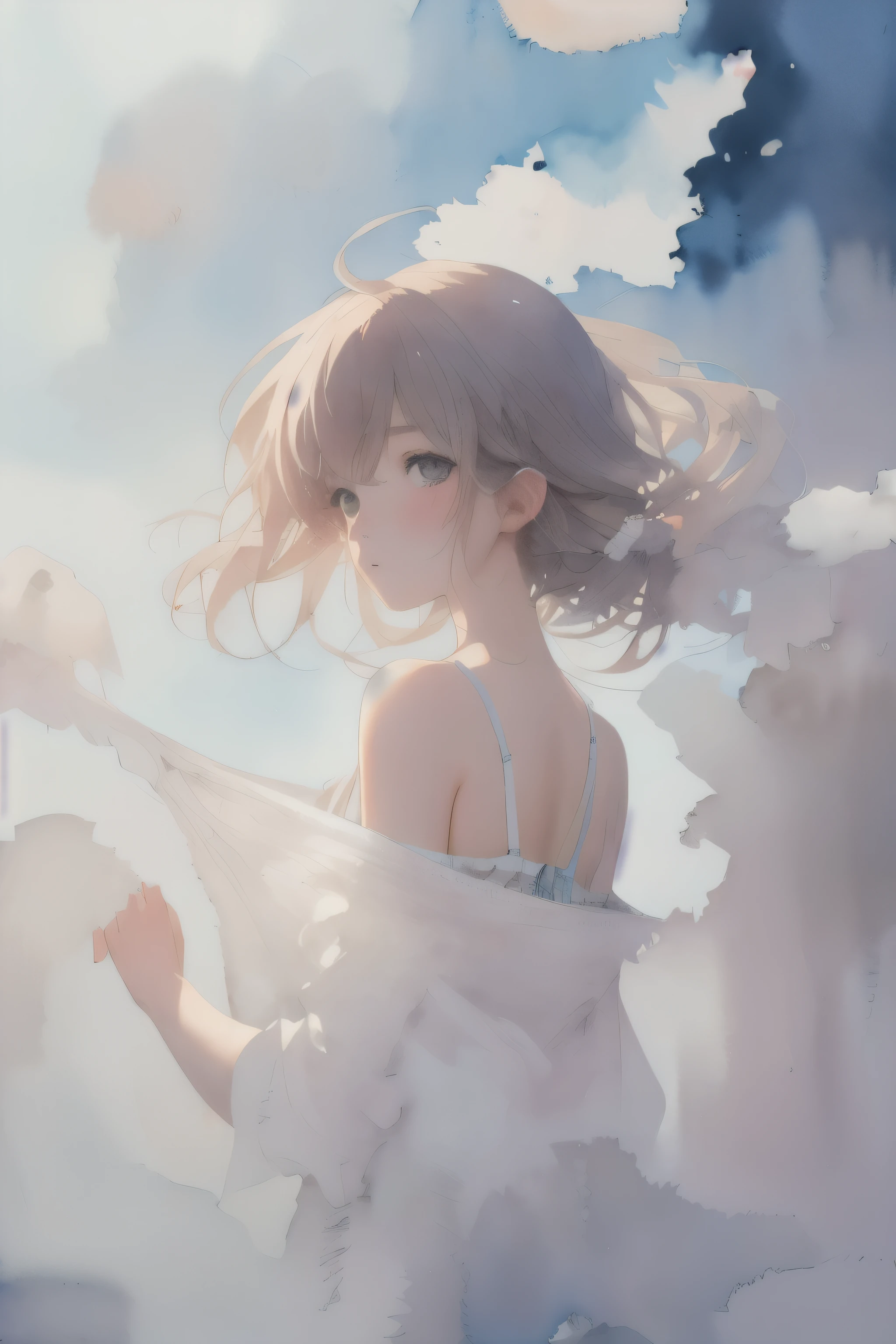 disorganized, High resolution, super detailed, (1 girl:1.3), break , watercolor style, soft blending, dreamy laundry, delicate texture,