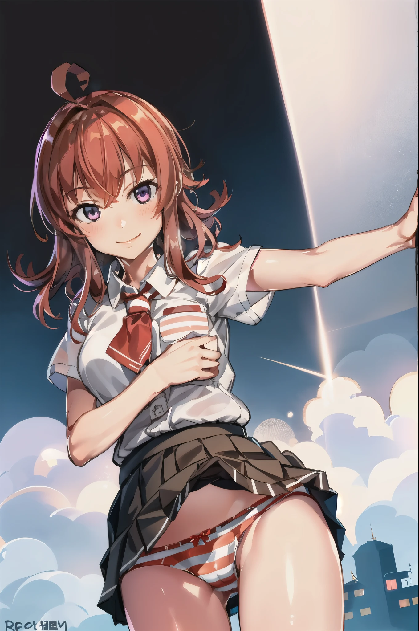 1 girl, alone, Best quality overall, masterpiece, High resolution, alone, (storm_Fleet Collection), length_hair, red_hair, One_~ ~ side_Excellent, Ahoge, Purple_eye, red面, light smile, slender girl, whole body, (((Striped underwear))), light smile, 細かくて澄んだeye, ),(elaborately designed panties),((NSFW)),lingerie, pleated skirt, skirt lift
