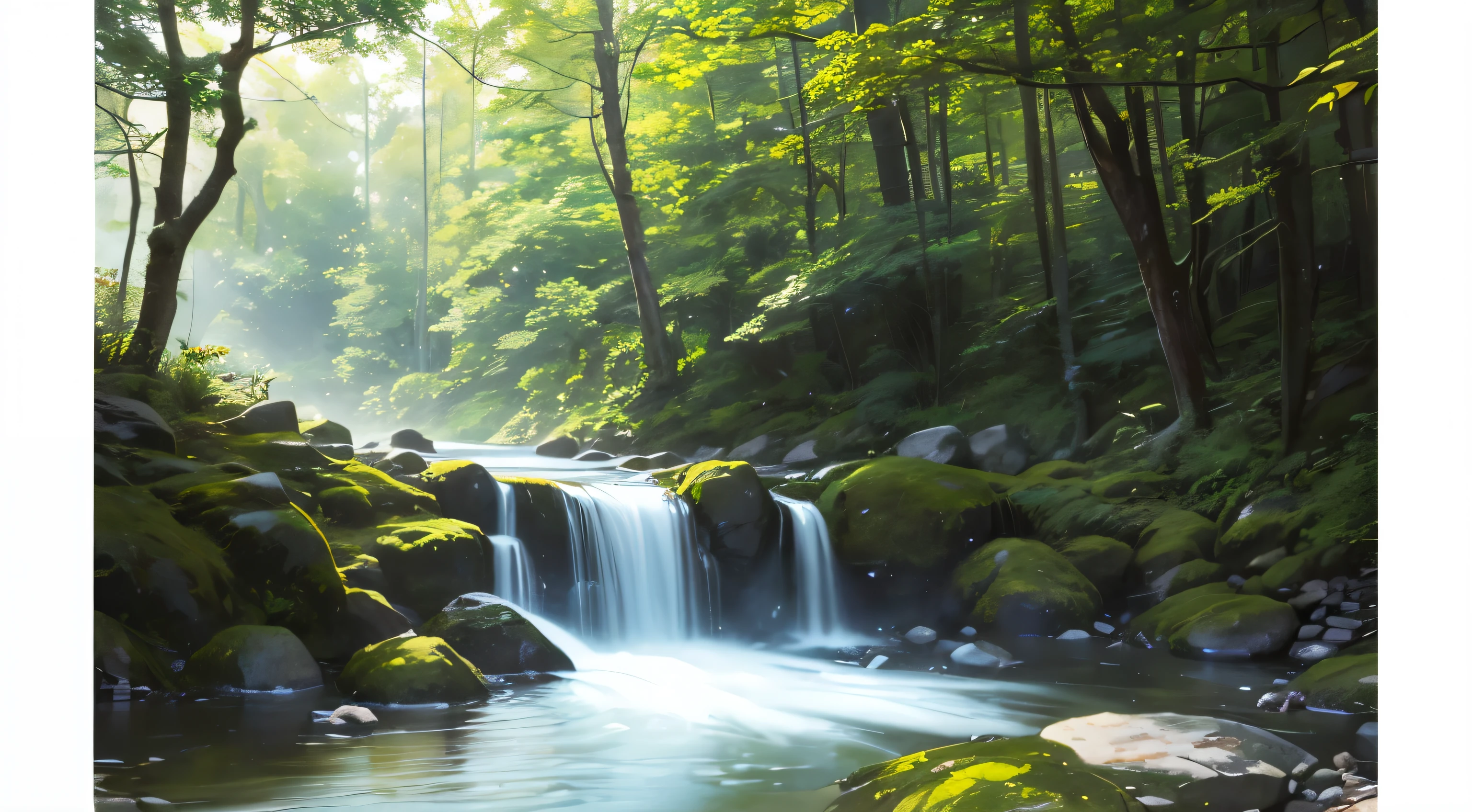 I took a photo of a peaceful moment spent in nature..。wood々Imagine a peaceful landscape bathed in soft morning light.。.。a gentle meandering stream、Surrounded by lush greenery。The overall atmosphere is calm and connected to the natural world.、Highlights the beauty and serenity of outdoor moments。