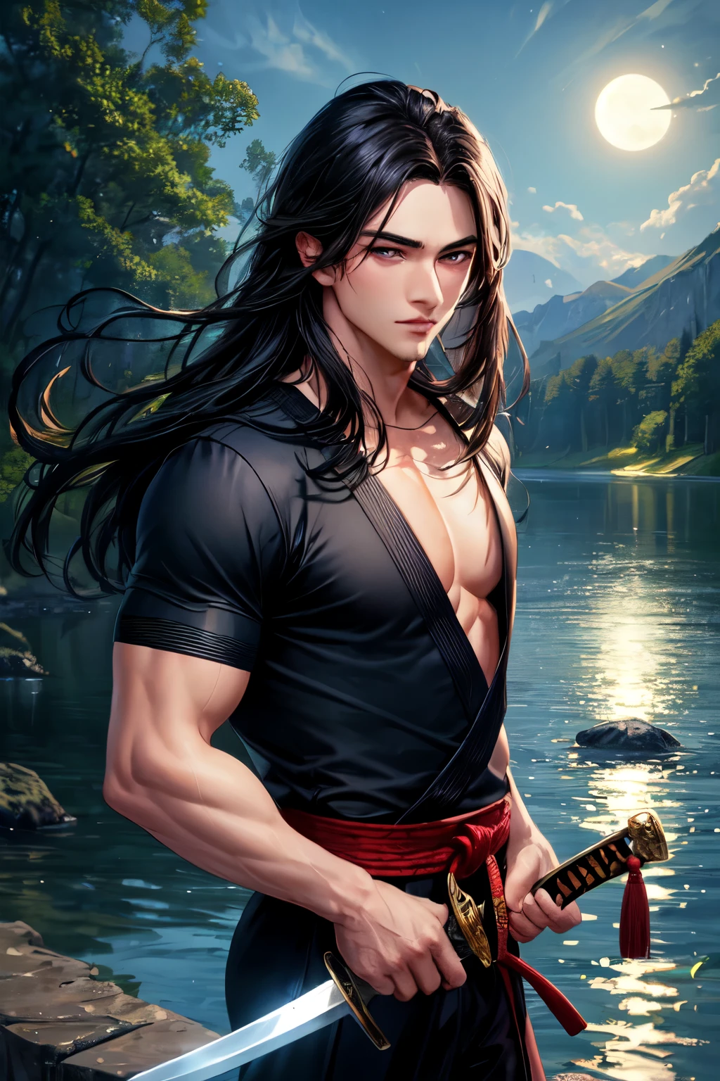 ((best quality)), ((masterpiece)), (detailed), A handsome martial arts guy with a perfect face, long black hair, black clothes and a sword, beautiful in the moonlight lake