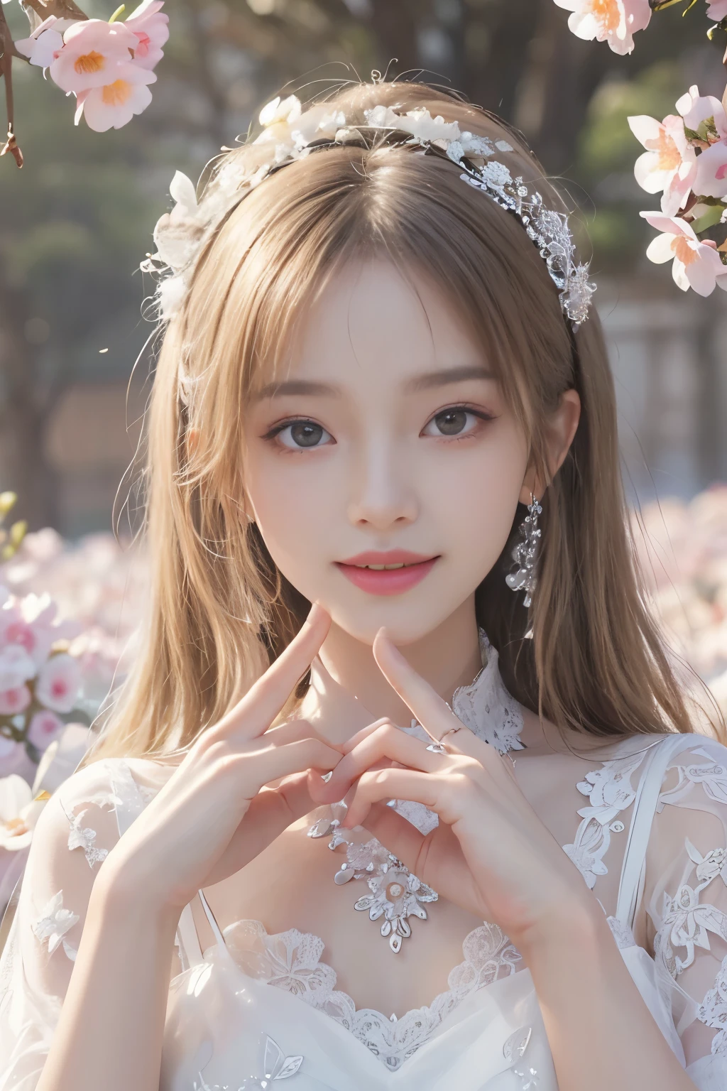 best quality、tmasterpiece、ultra high resolution、actual、1 girl、Glossy skin、((Surreal detailed))、Global photo、8K、Highly complex details、shinning eyes、highkey、pureerosfaceace_v1、A smile、Elegant pose、White ultra-thin transparent lace、Lots of flowers in the background